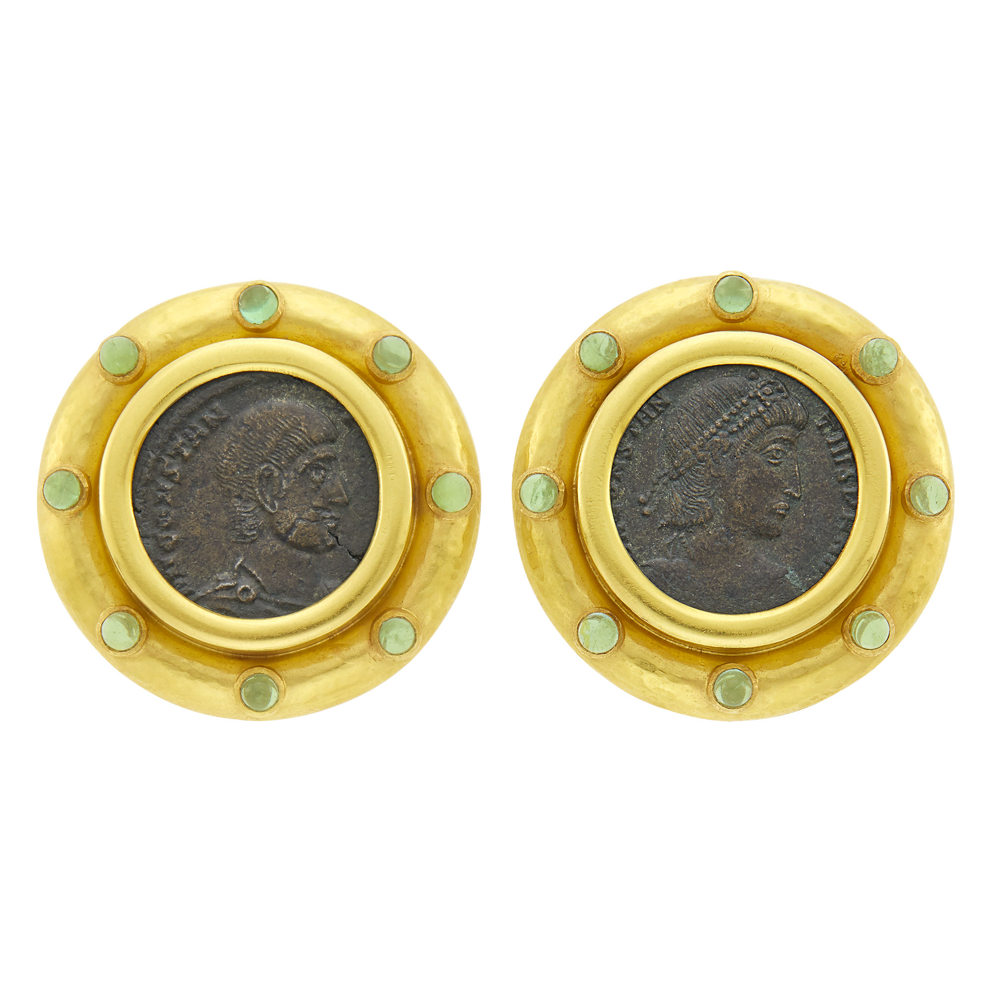 Lot image - Elizabeth Locke Pair of Hammered Gold, Ancient Bronze Coin and Cabochon Aquamarine Earclips