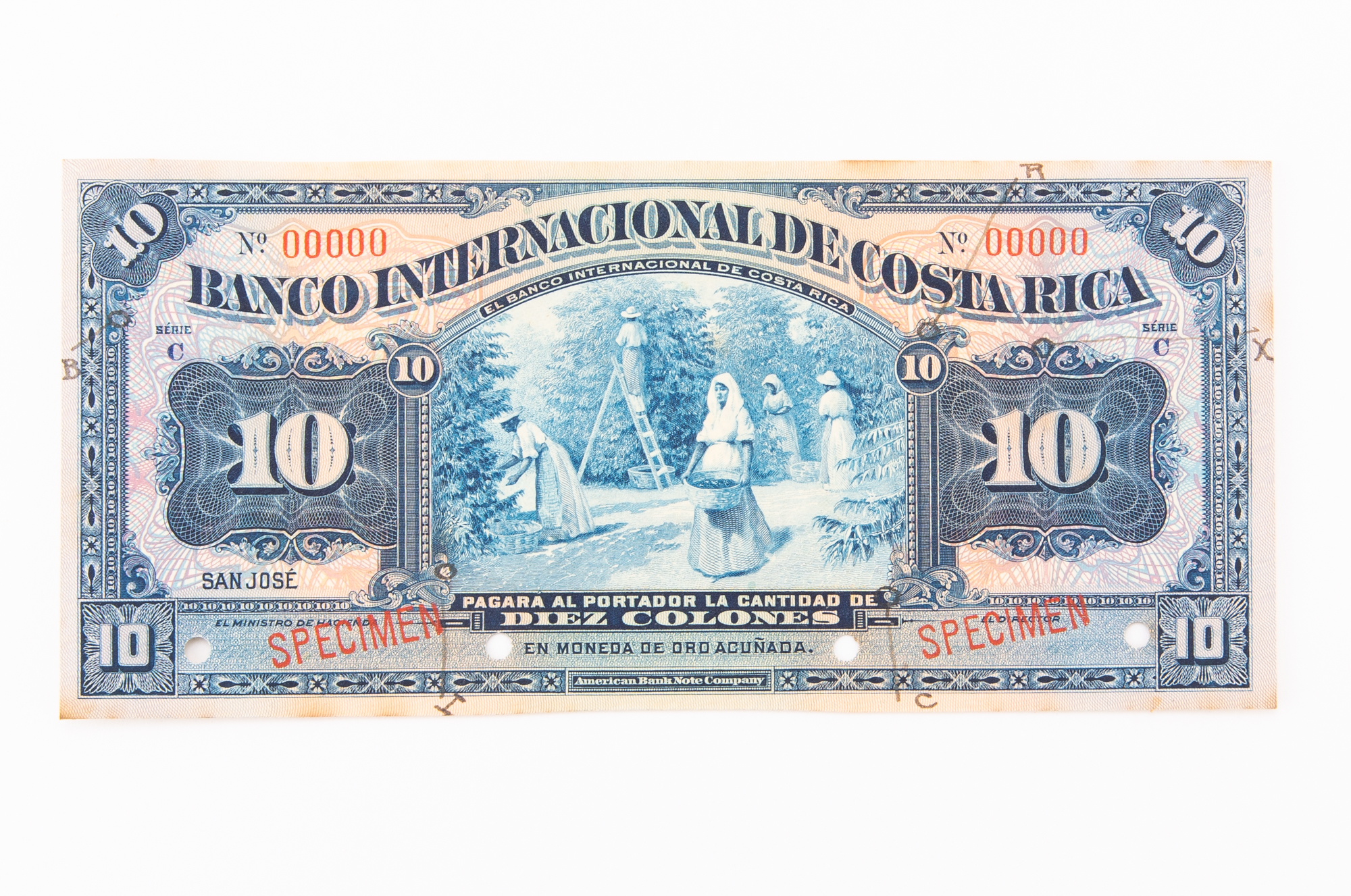 Lot image - Costa Rica, Banco Internacional Series C ND (1919-32) Diez Colones Specimen Note Pick# 175s