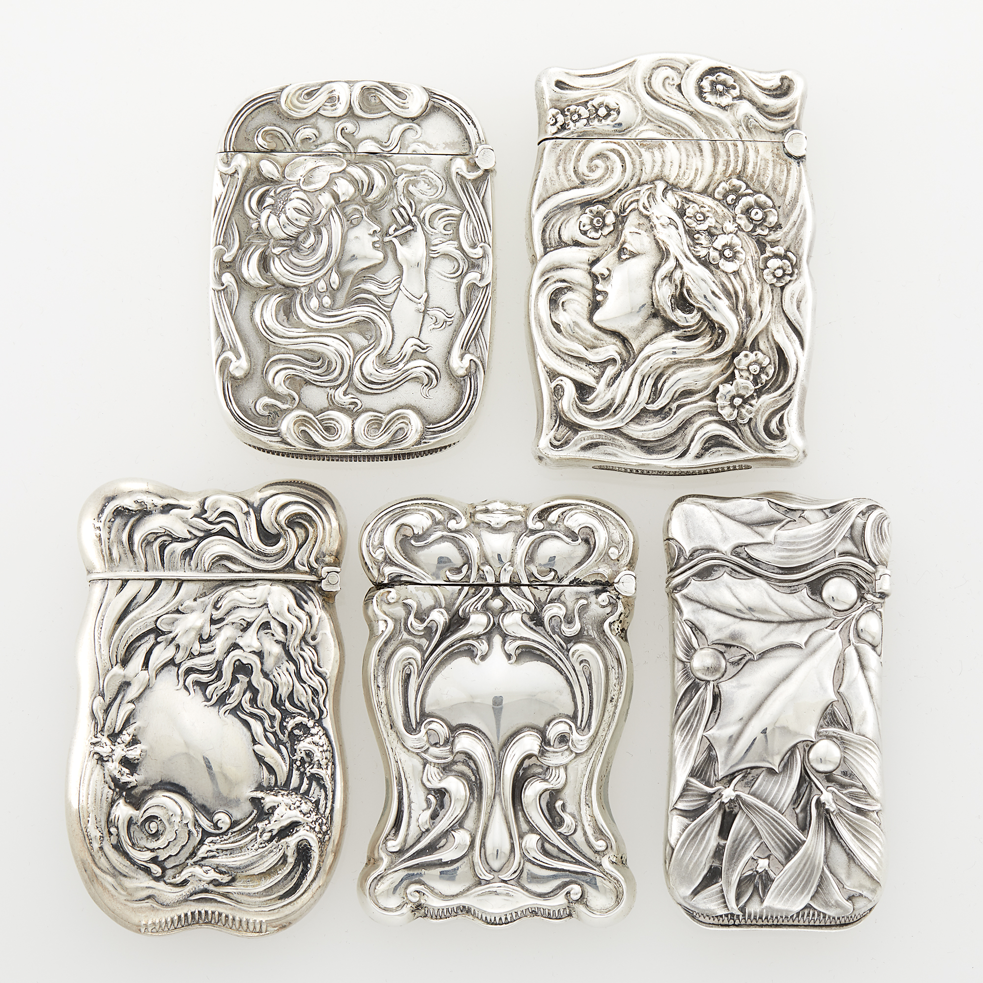 Lot image - Five American Art Nouveau Sterling Silver Matchsafes