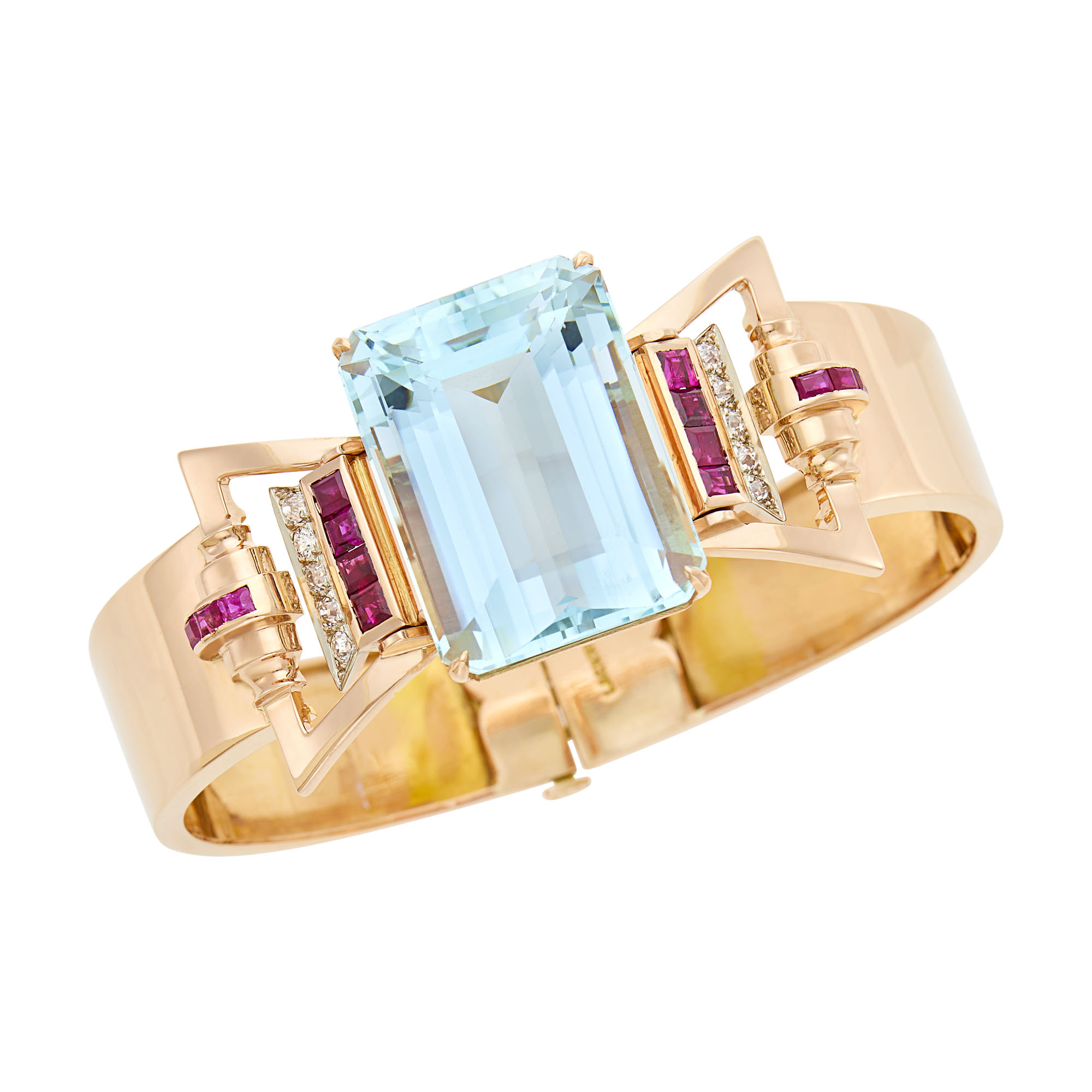 Lot image - Rose Gold, Aquamarine, Ruby and Diamond Bangle Bracelet