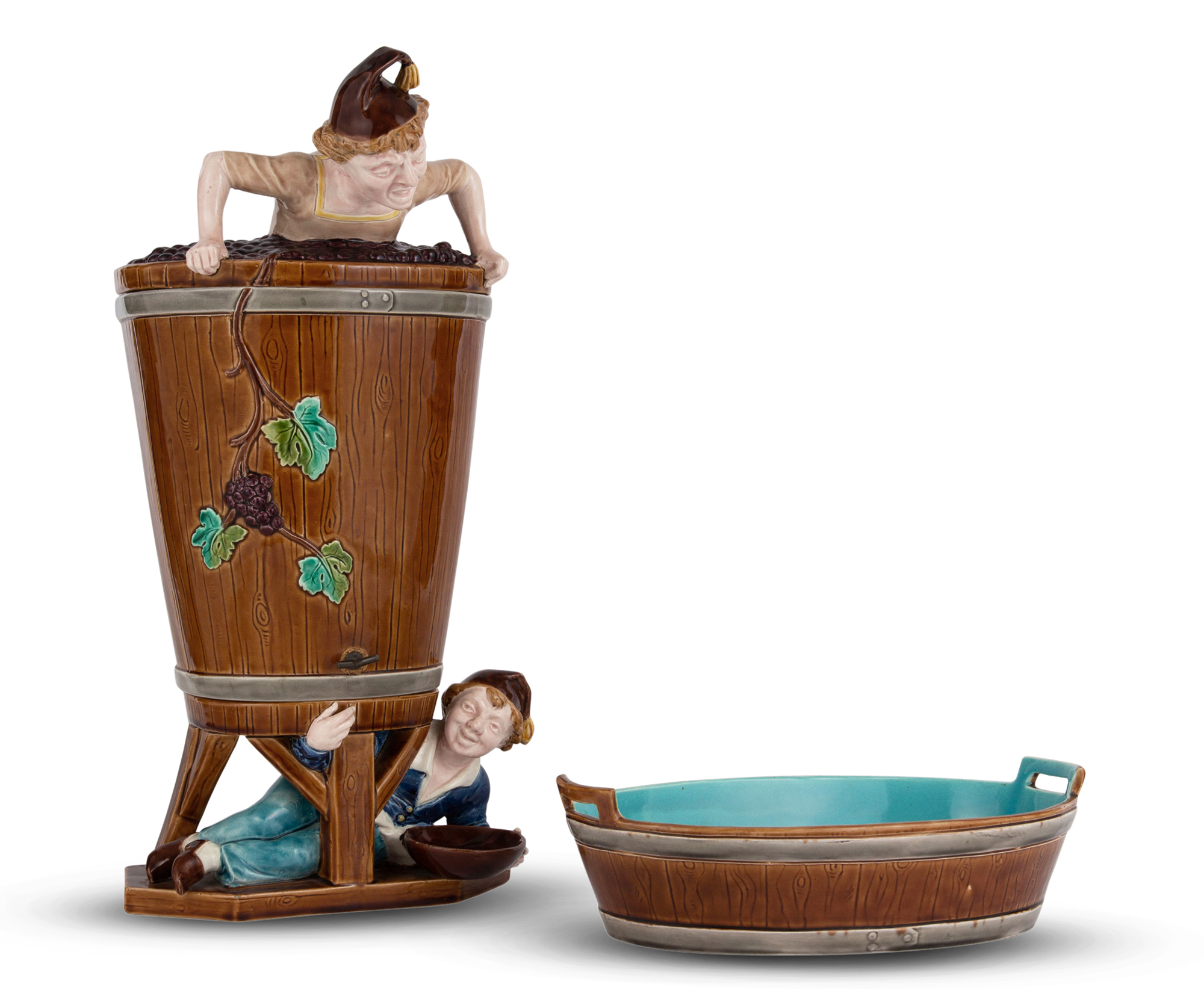 Lot image - Sarreguemines Majolica Vintager Wine Font Cover, Stand and Basin