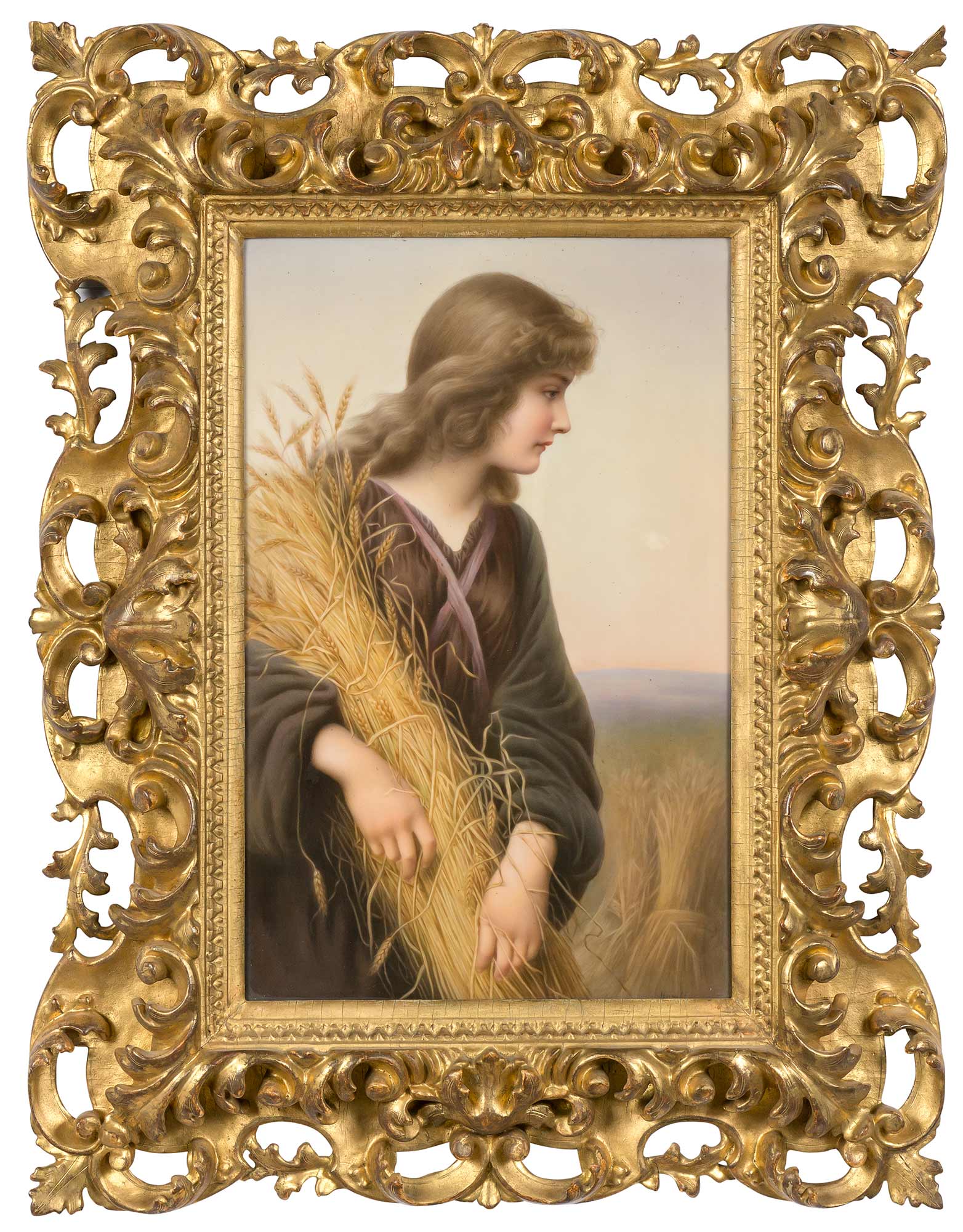 Lot image - KPM Framed Painted Porcelain Plaque of Ruth Harvesting Grain
