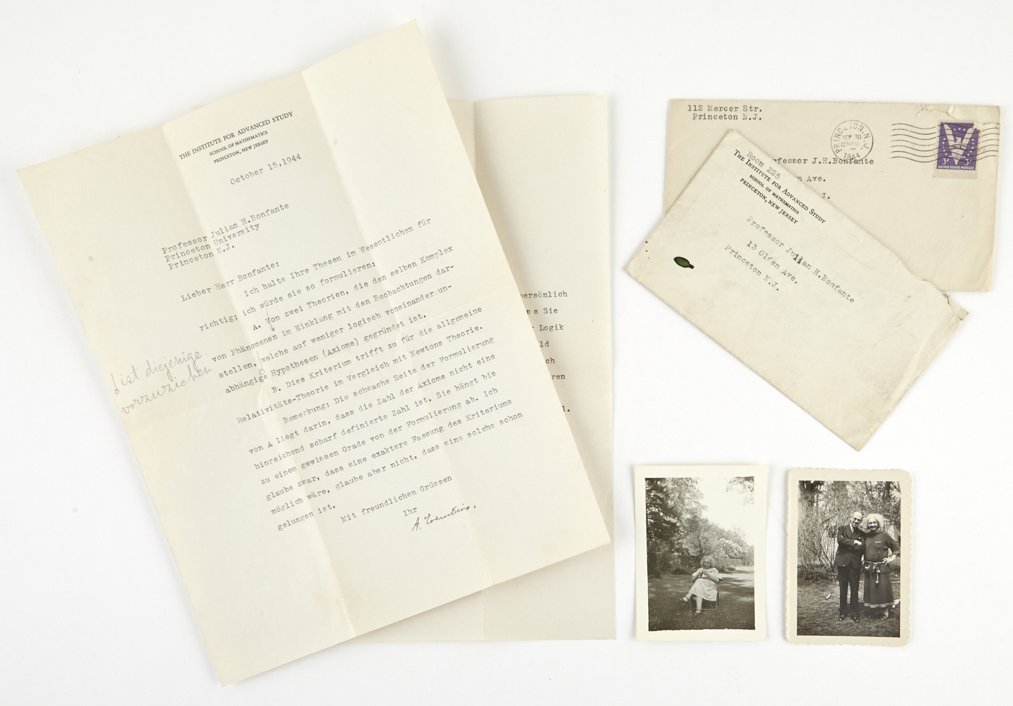 Lot image - EINSTEIN, ALBERT  Two typed letters signed to Professor Julian Hugo Bonfante, with associated materials.