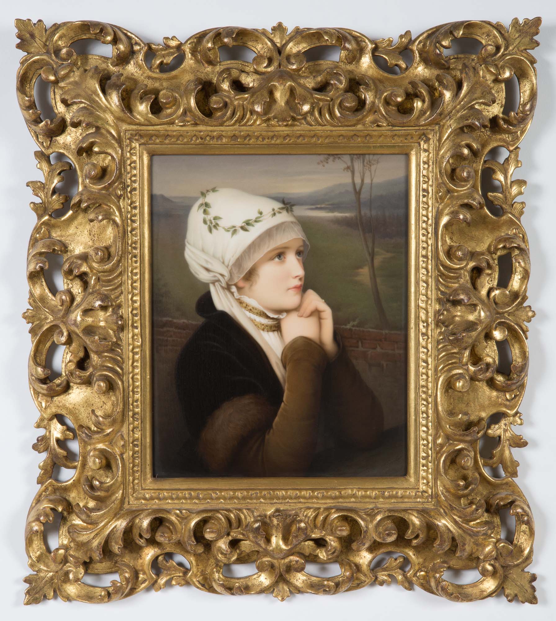 Lot image - KPM Framed Painted Porcelain Plaque of a Woman Entitled Grecian Bride