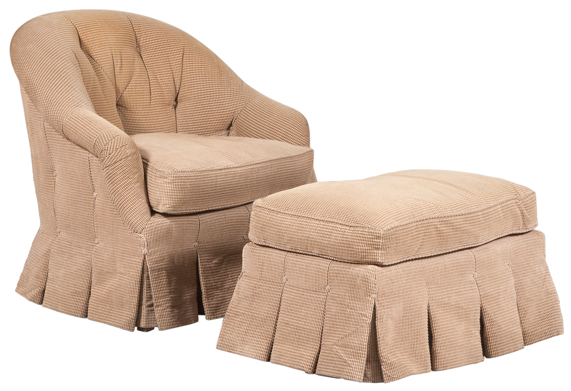 Lot image - Brown Fabric-Upholstered Tufted Club Chair and Ottoman