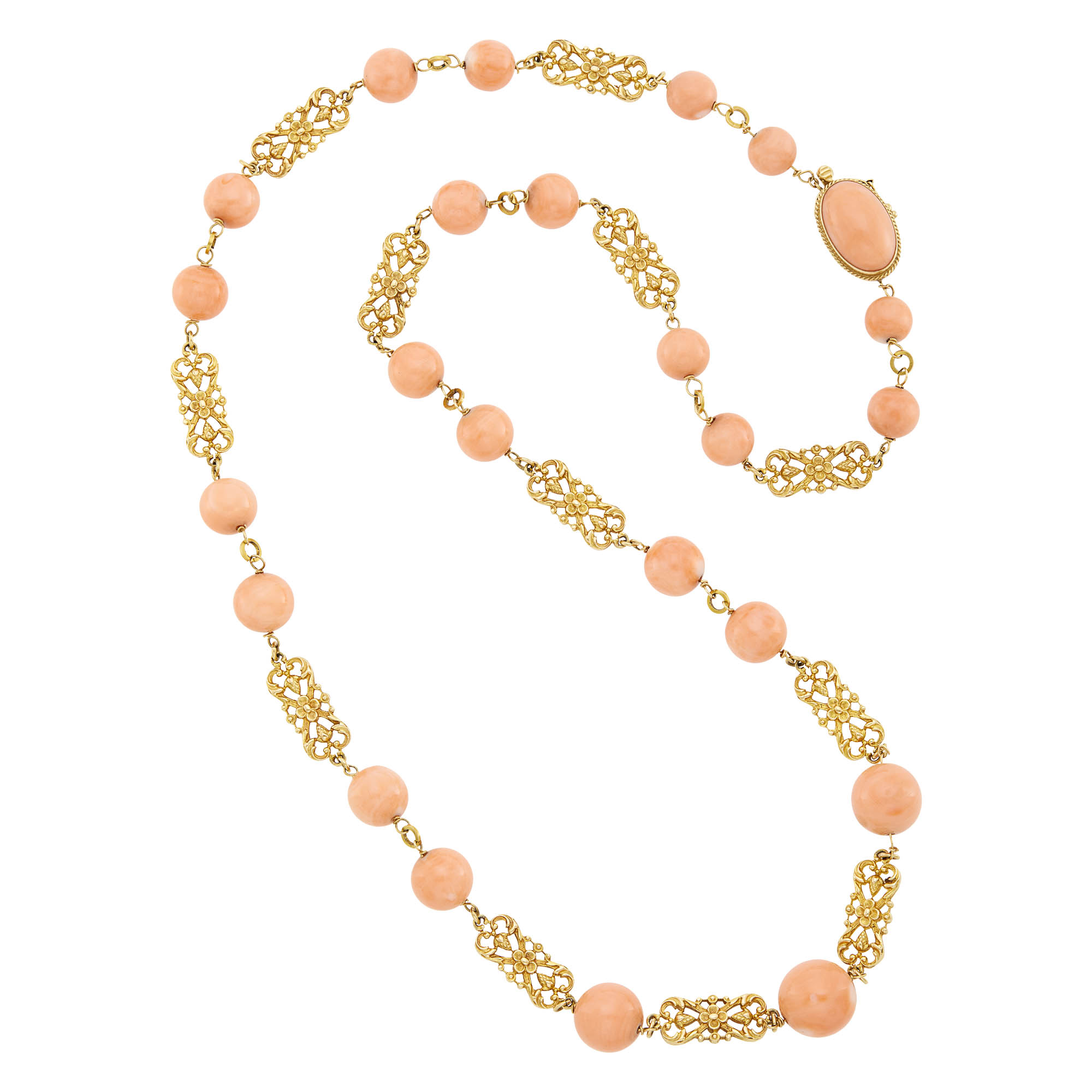 Lot image - Long Gold and Angel Skin Coral Bead Necklace
