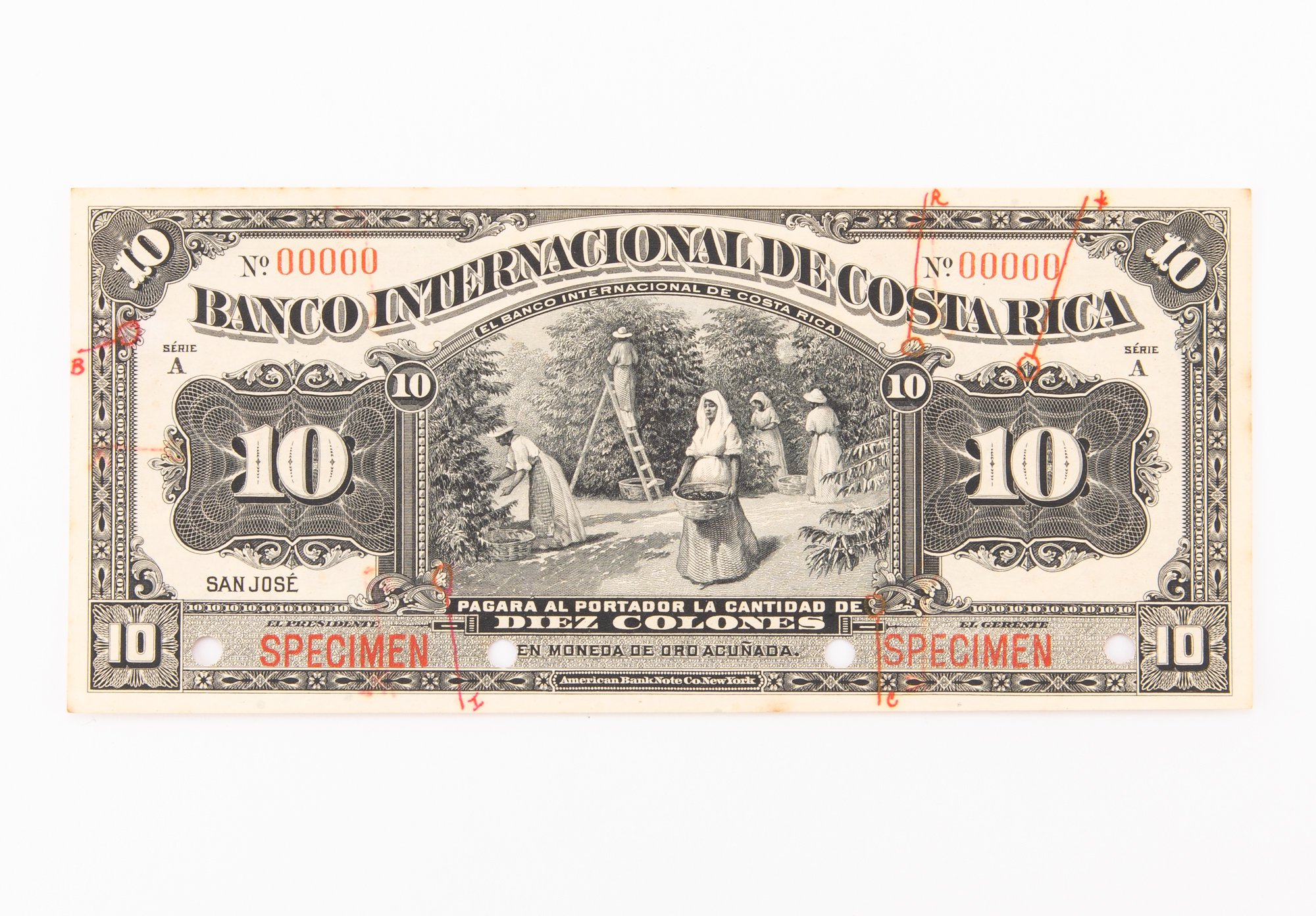 Lot image - Costa Rica, Banco Internacional ND (1914) Diez Colones Specimen Note Pick# 161s