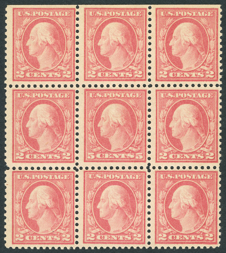 Lot image - United States 1917-19 Five Cents Error in Block of Nine, Scott 505