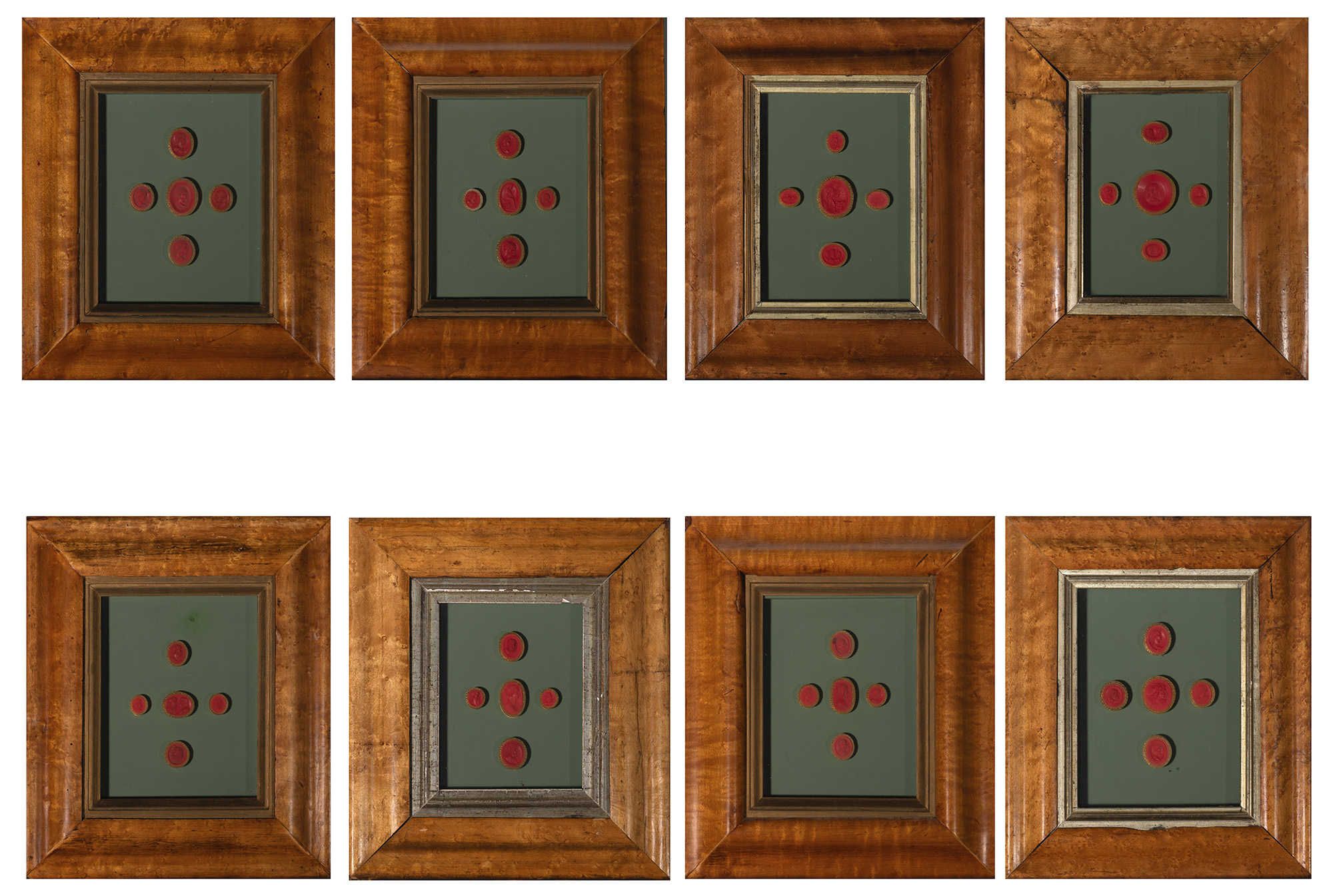 Lot image - Assembled Set of Eight Maple Framed Red Wax Seal Impressions