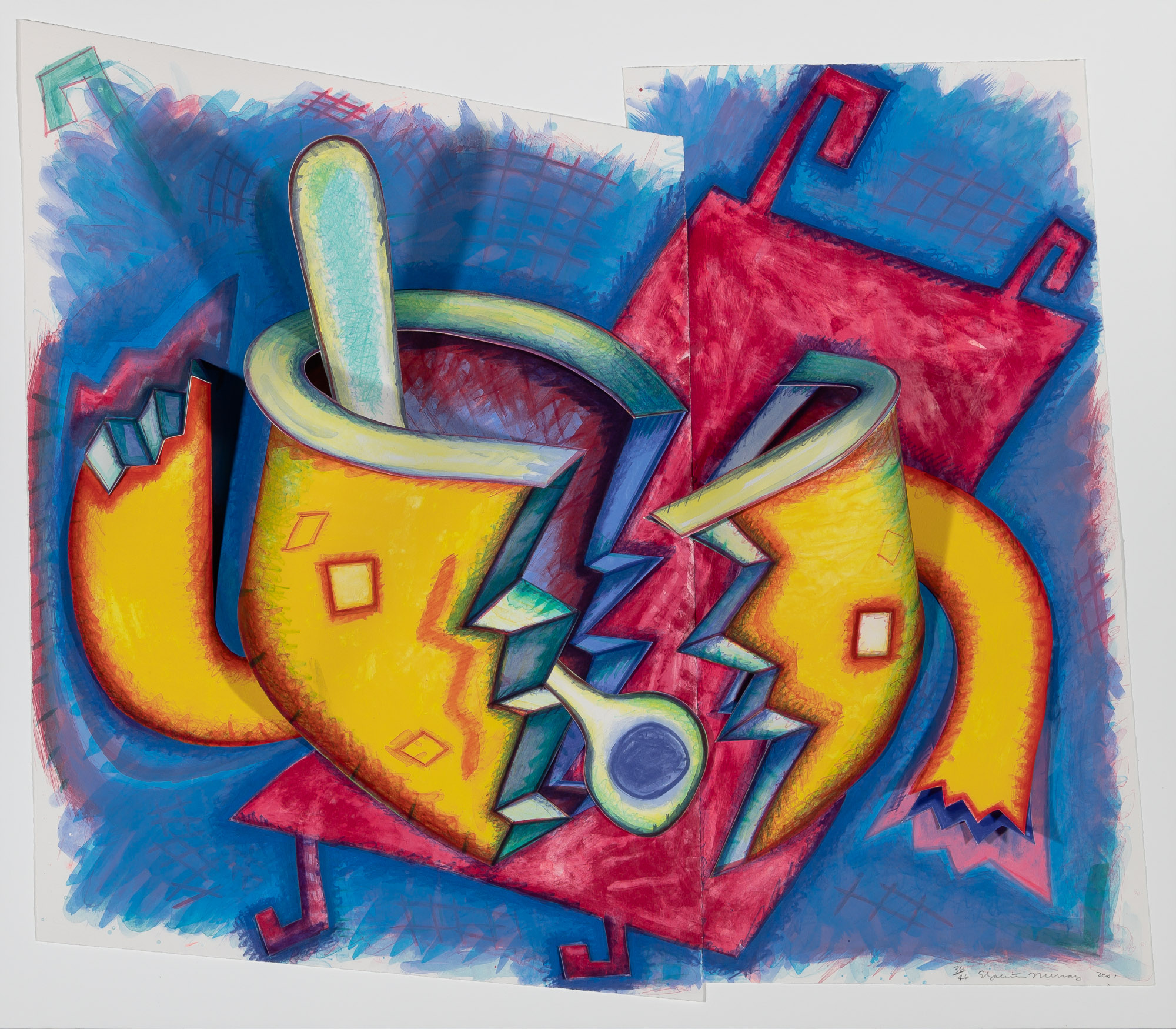 Lot image - Elizabeth Murray (1940-2007)  JAZZ  Three-dimensional color lithograph, 2001, signed, dated and numbered 36/46 in pencil, published by Universal Limited Art Editions, West Islip, New York, in plexiglas case.  Overall with case