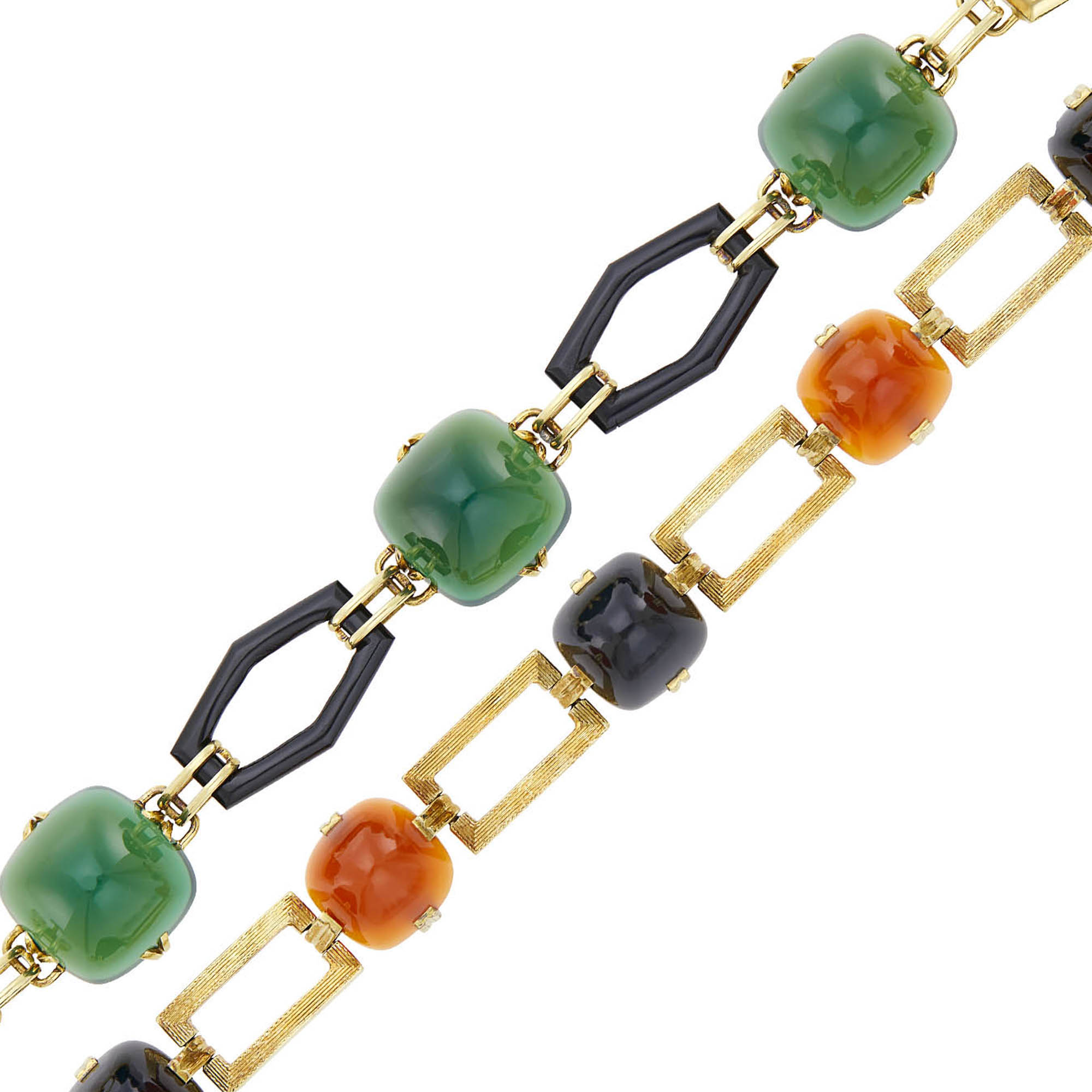 Lot image - Two Gold, Carnelian, Black and Green Onyx Bracelets