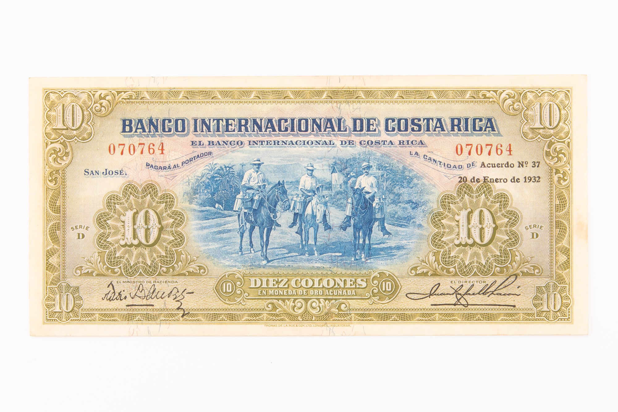 Lot image - Costa Rica, Banco Internacional Series D 20.1.1932 Diez Colones Pick# 181