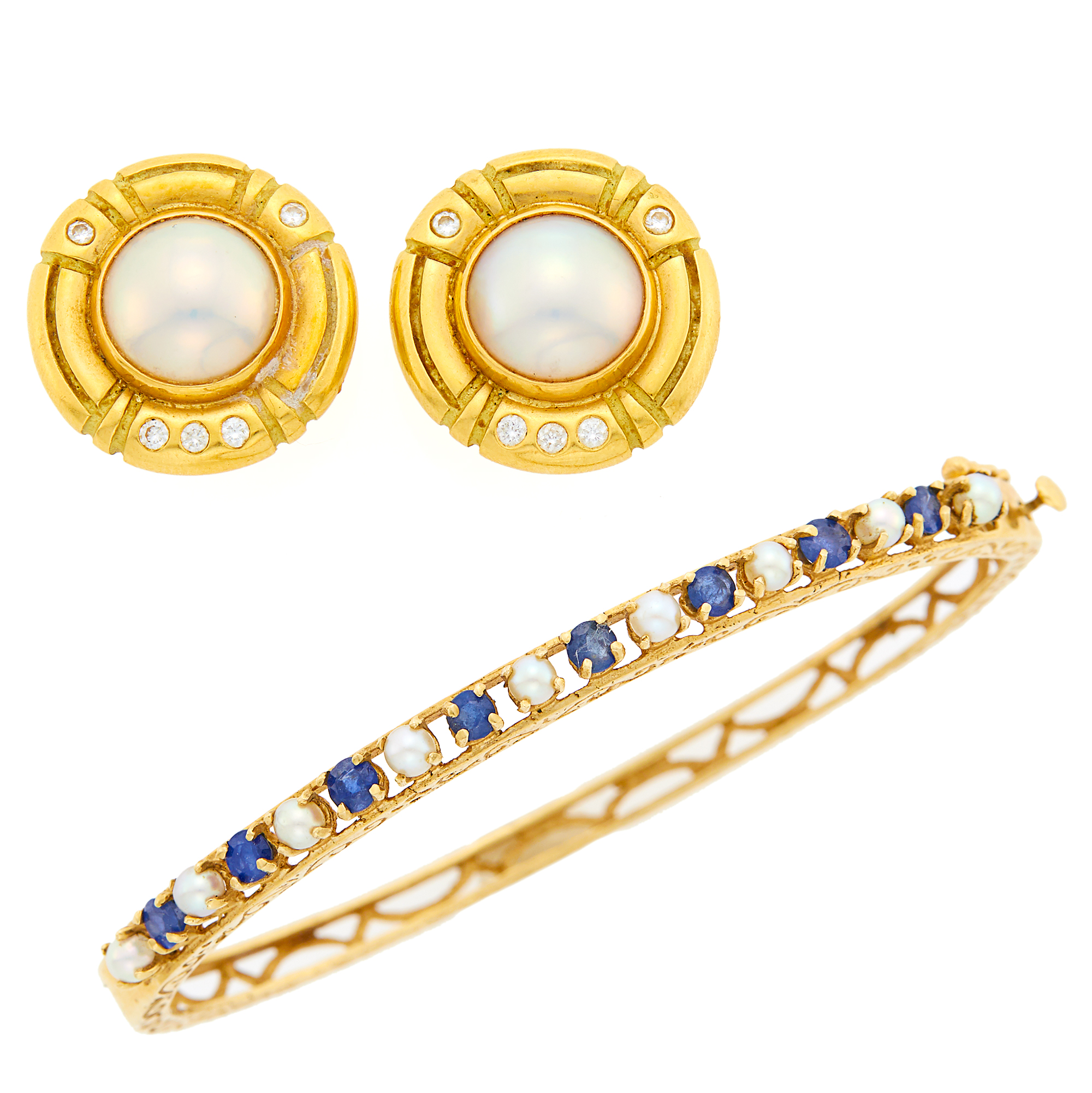Lot image - Gold, Cultured Pearl and Sapphire Bangle Bracelet and Pair of Mabé Pearl and Diamond Earrings