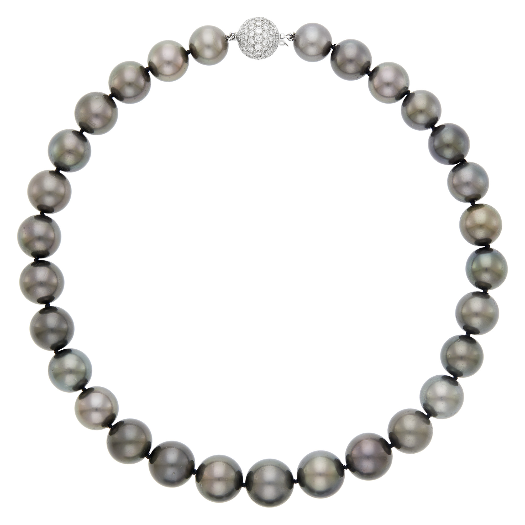 Lot image - Tahitian Black Cultured Pearl Necklace with White Gold and Diamond Ball Clasp