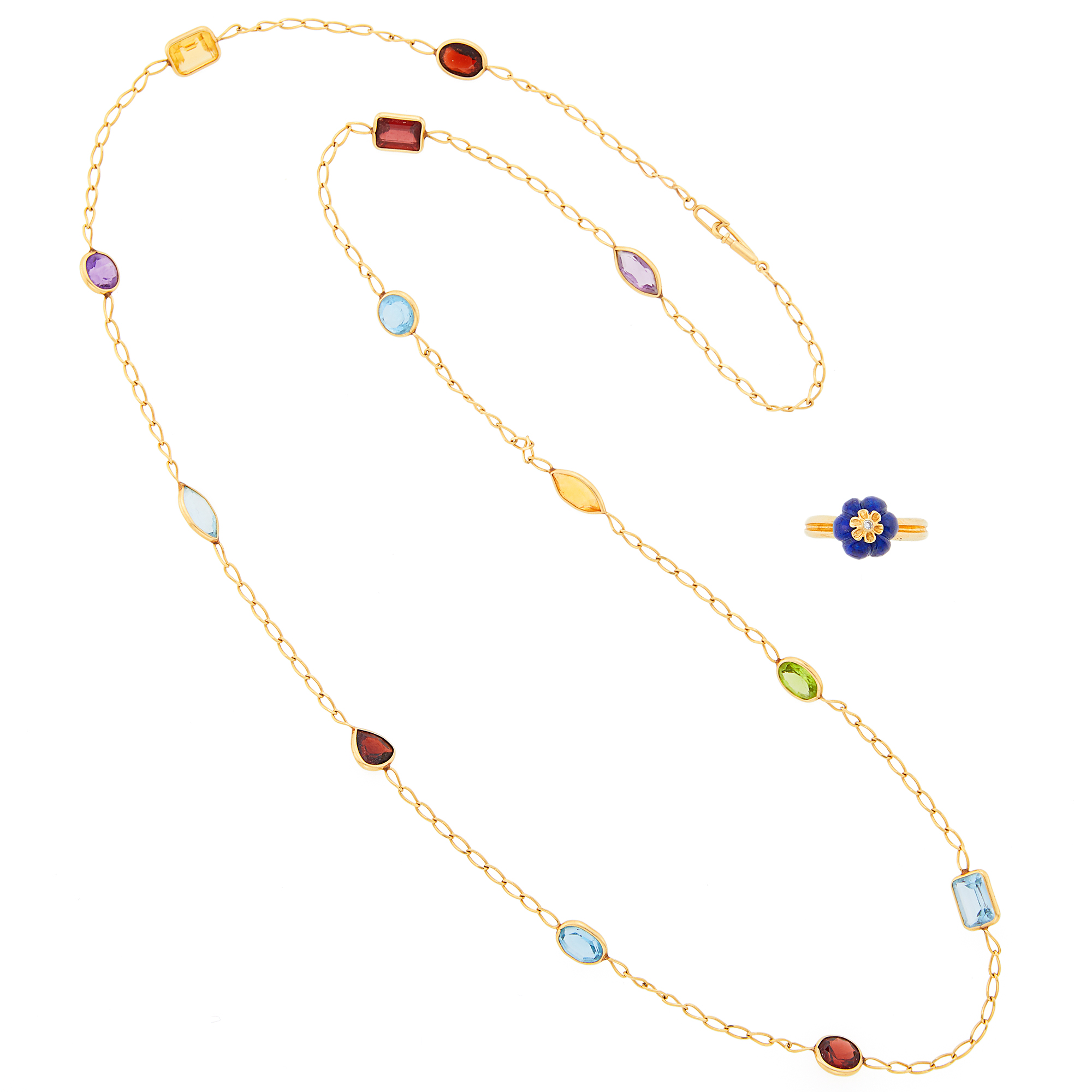 Lot image - Gold and Colored Stone Necklace and Fluted Lapis Ring