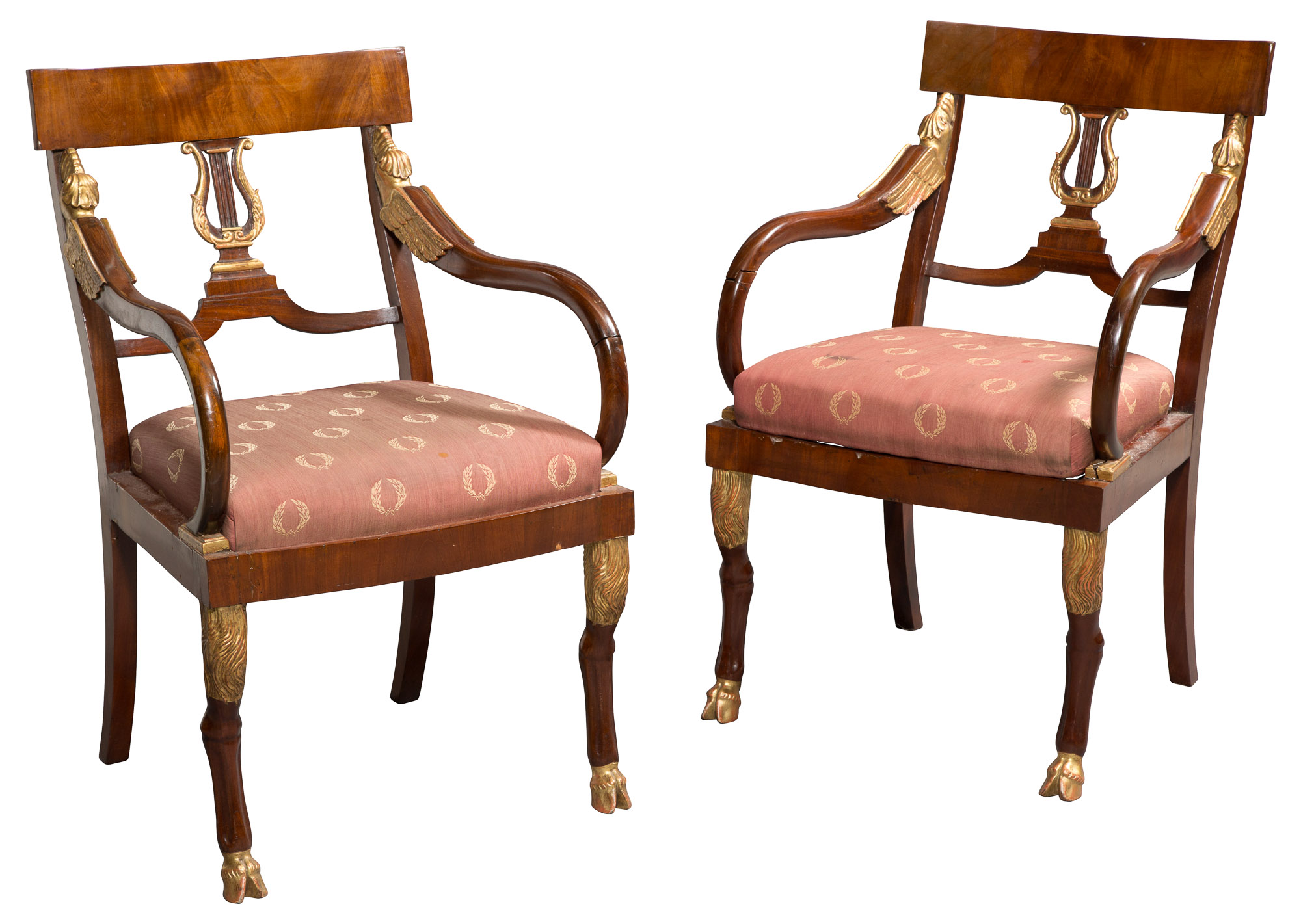 Lot image - Pair of Russian Neoclassical Mahogany and Parcel-Gilt Open Armchair