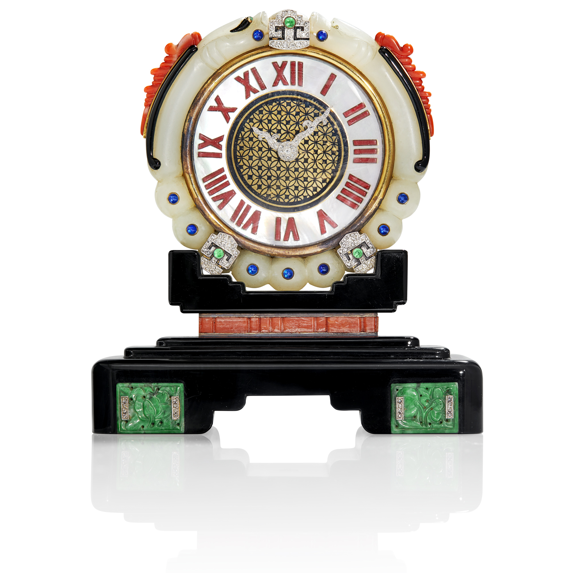 Lot image - Cartier Art Deco Gold, Platinum, Black Onyx, Carved Jade and Coral, Cabochon Colored Stone, Diamond and Enamel Desk Clock, France