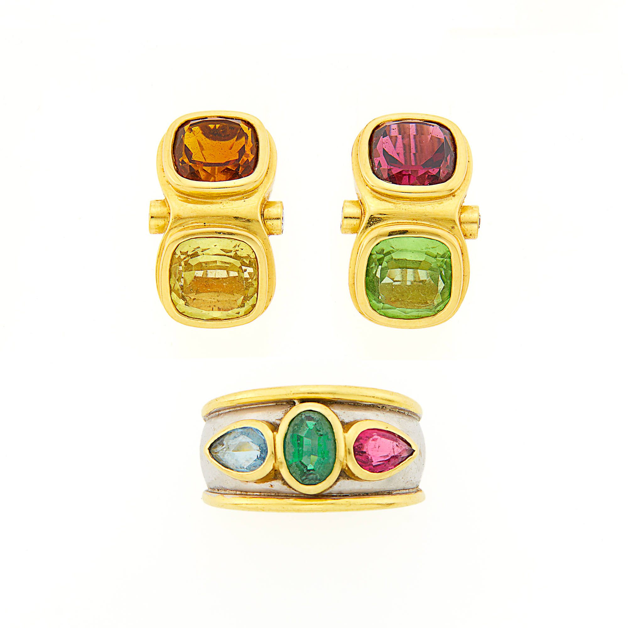 Lot image - Two-Color Gold and Colored Stone Ring and Pair of Earrings