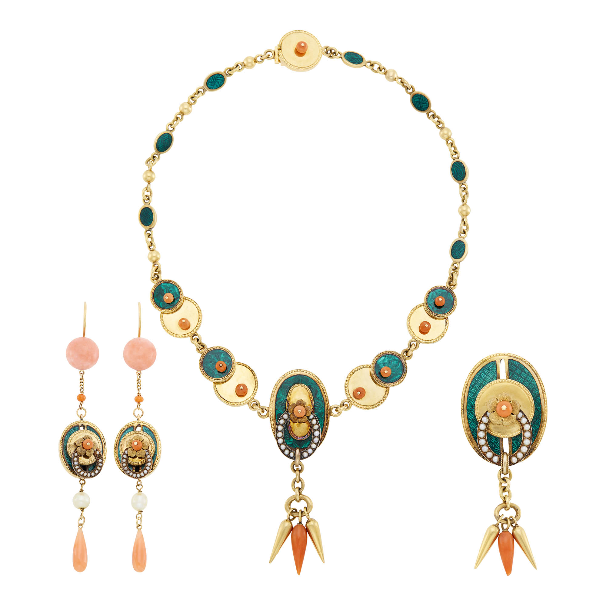 Lot image - Gold, Silver, Coral, Split and Freshwater Pearl and Enamel Fringe Necklace, Brooch and Pair of Pendant-Earrings