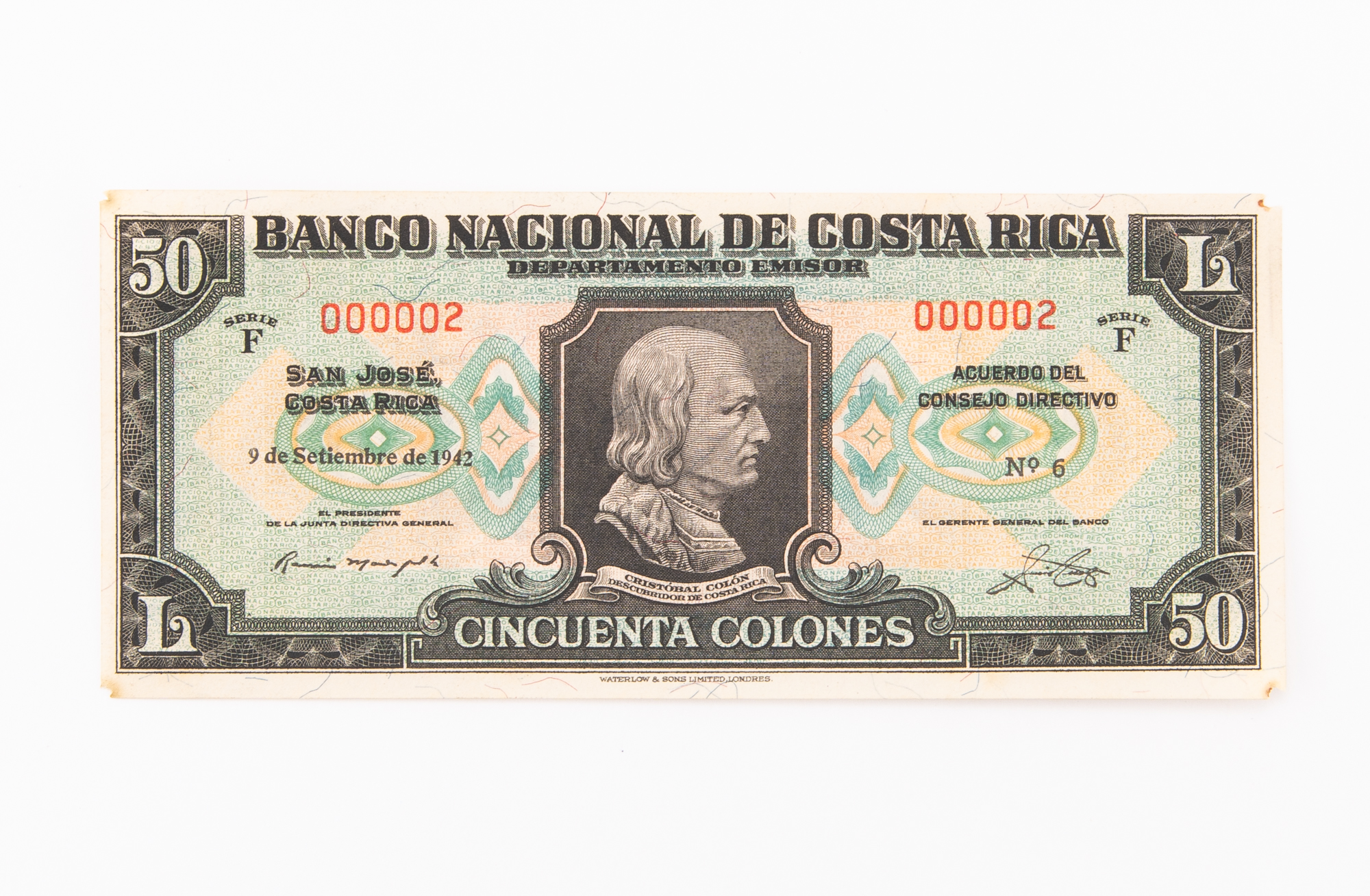 Lot image - Costa Rica, Banco Nacional Series F Cincuenta Colones Low Serial Number Pick# 207