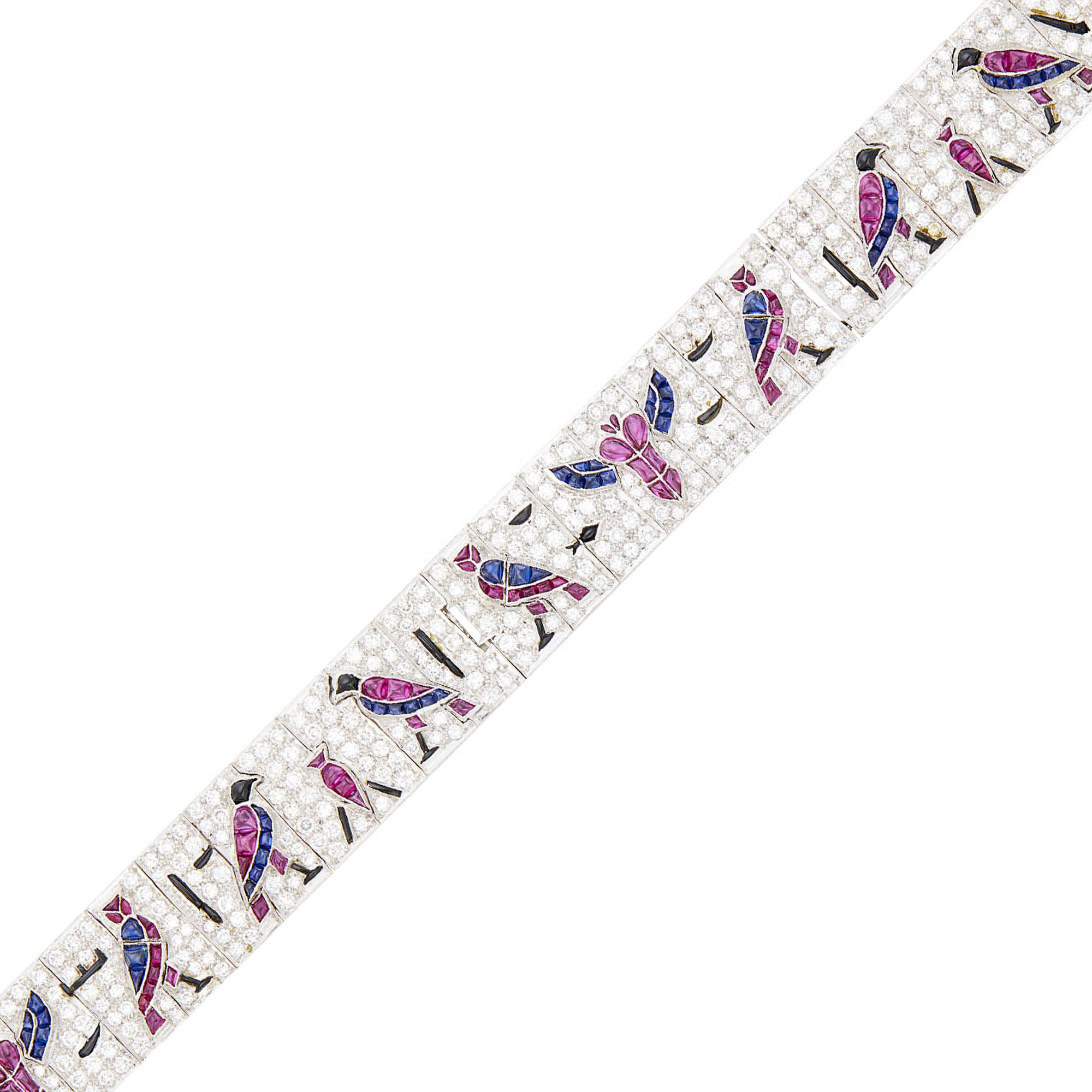 Lot image - White Gold, Diamond, Cabochon Ruby, Sapphire and Black Onyx Bracelet