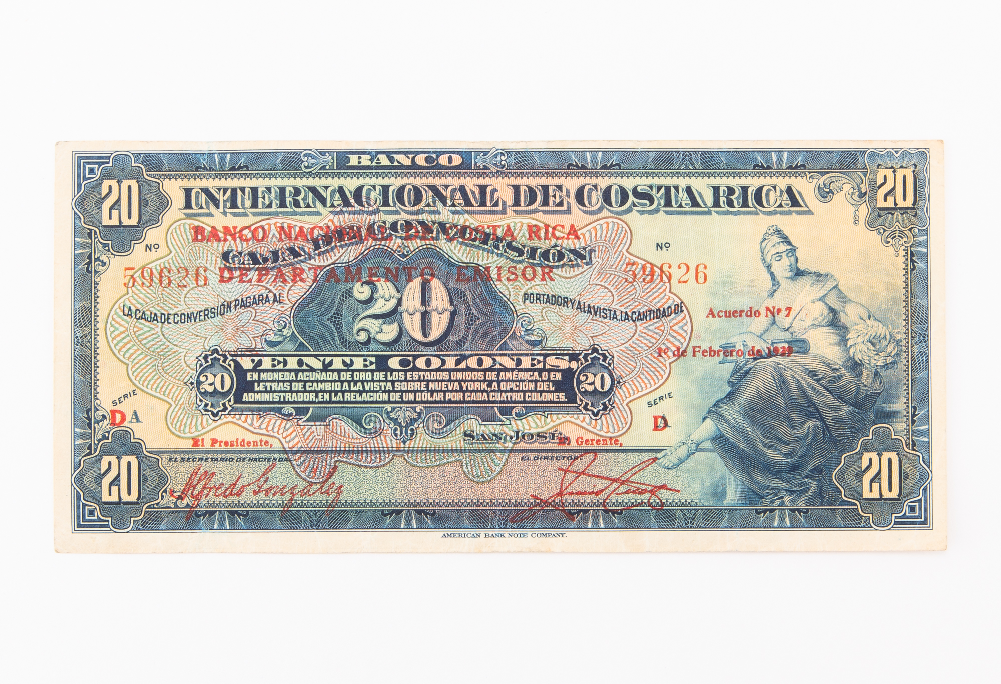 Lot image - Costa Rica 1937-39 Provisional Issue Type D Veinte Colones Pick# 200