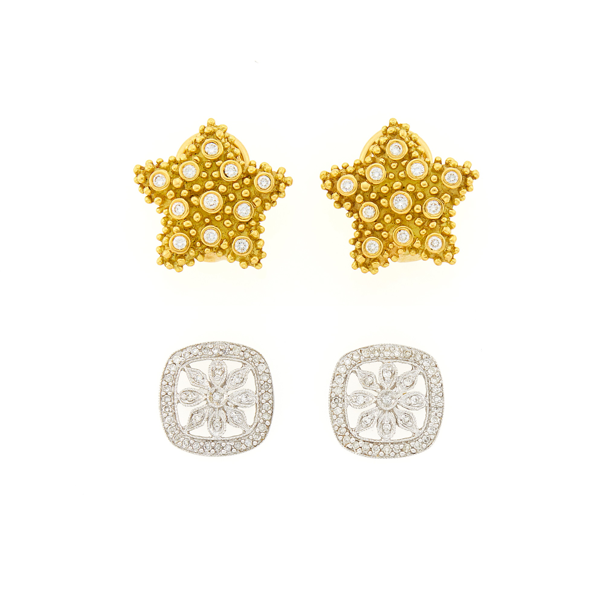 Lot image - Pair of Gold and Diamond Star Earrings and Pair of White Gold and Diamond Earrings