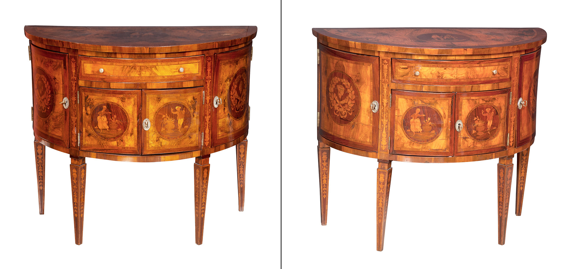 Lot image - Pair of Italian Neoclassical Style Walnut and Marquetry Demilune Side Cabinets