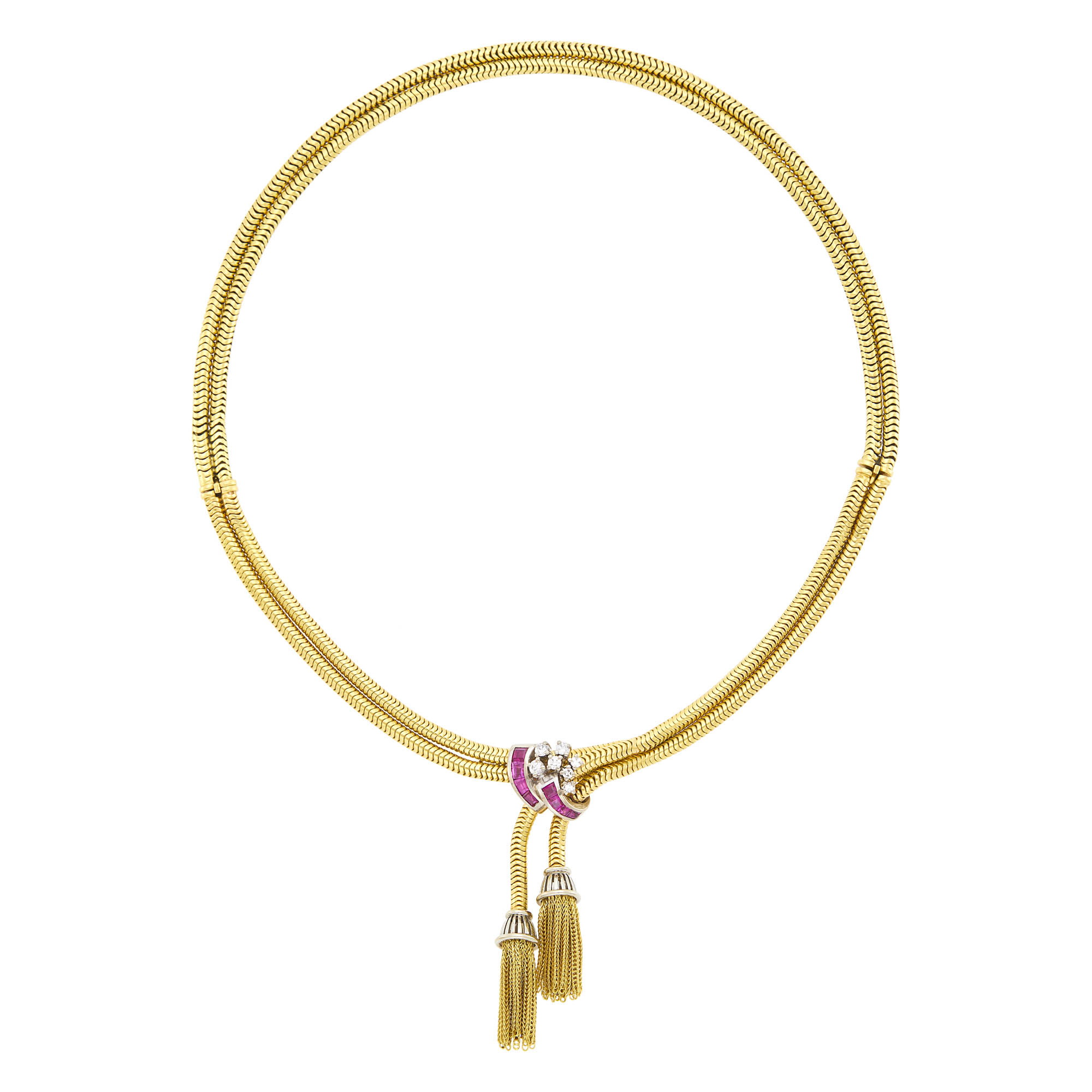 Lot image - Double Strand Gold Snake Chain, Platinum, Ruby and Diamond Tassel Necklace/Bracelet Combination