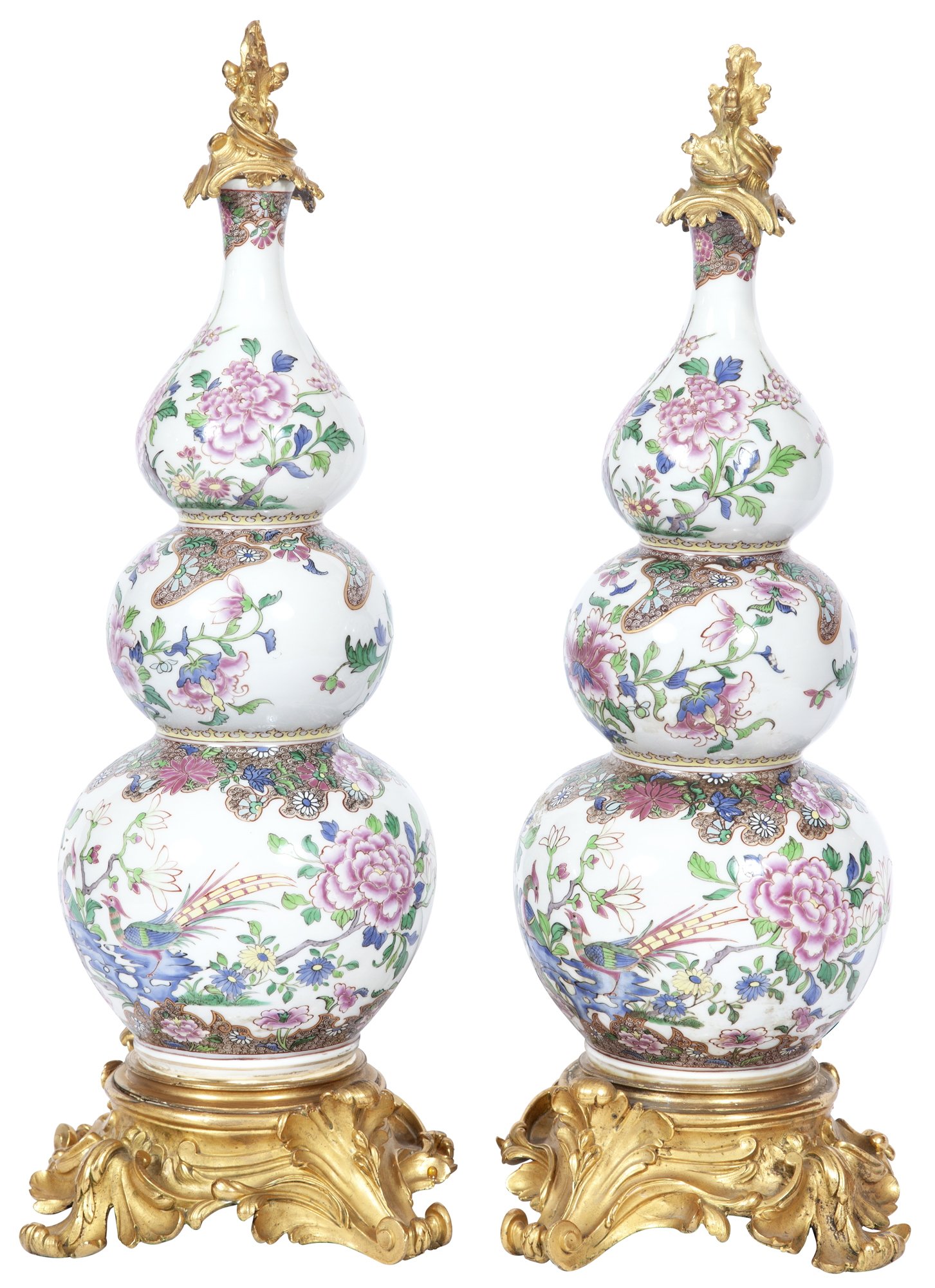 Lot image - Pair of Louis XV Style Gilt-Bronze Mounted Famille Rose Style Porcelain Triple Gourd Vases