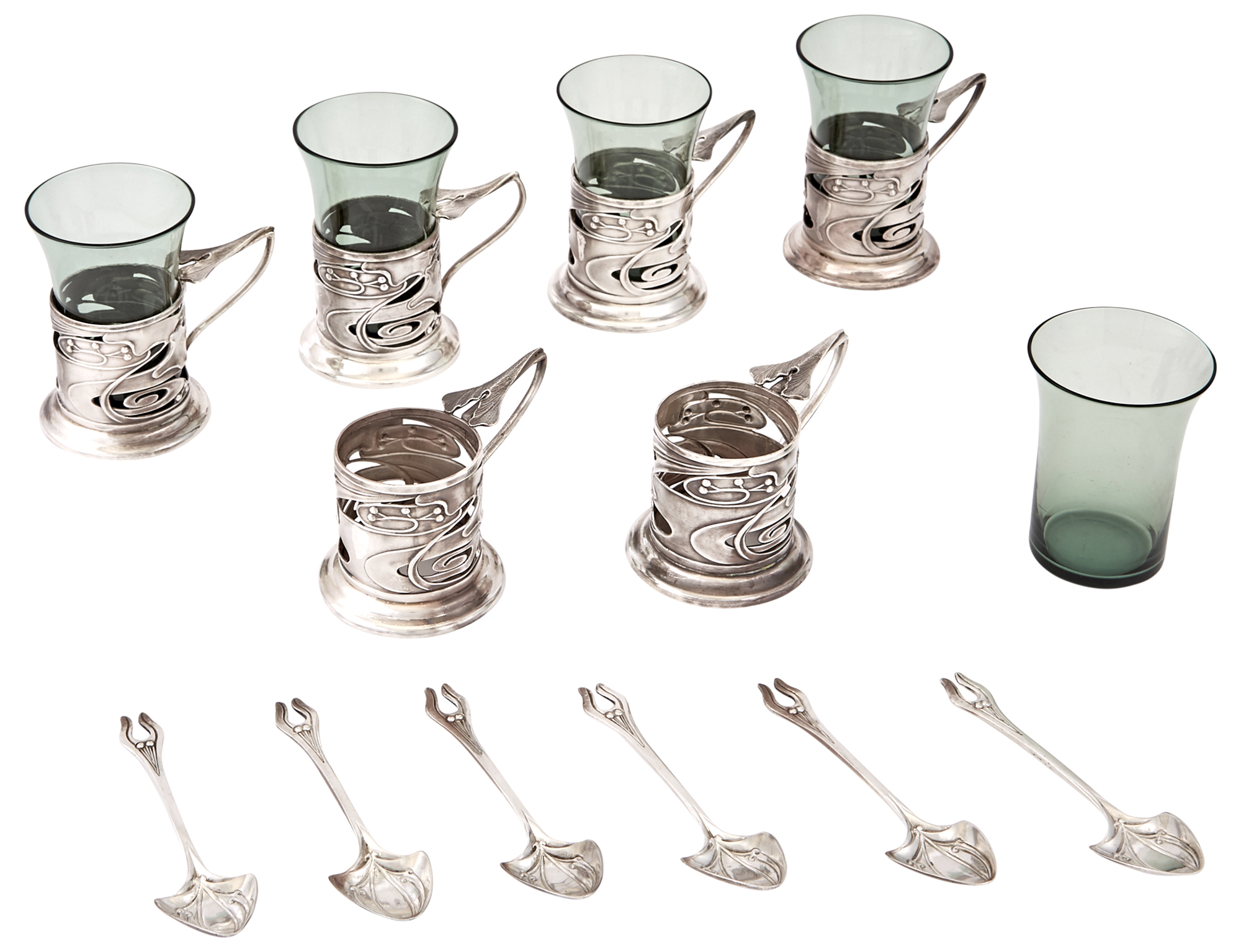 Lot image - Set of Six Victorian Art Nouveau Sterling Silver Tea Glasses