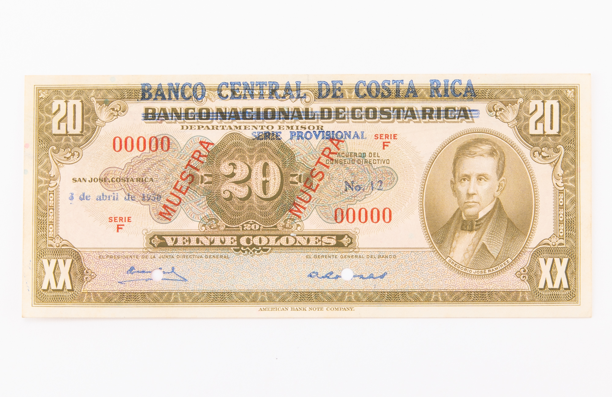 Lot image - Costa Rica, Banco Central Provisional Issue of 1950-67 Veinte Colones Specimen Note Pick# 217 S