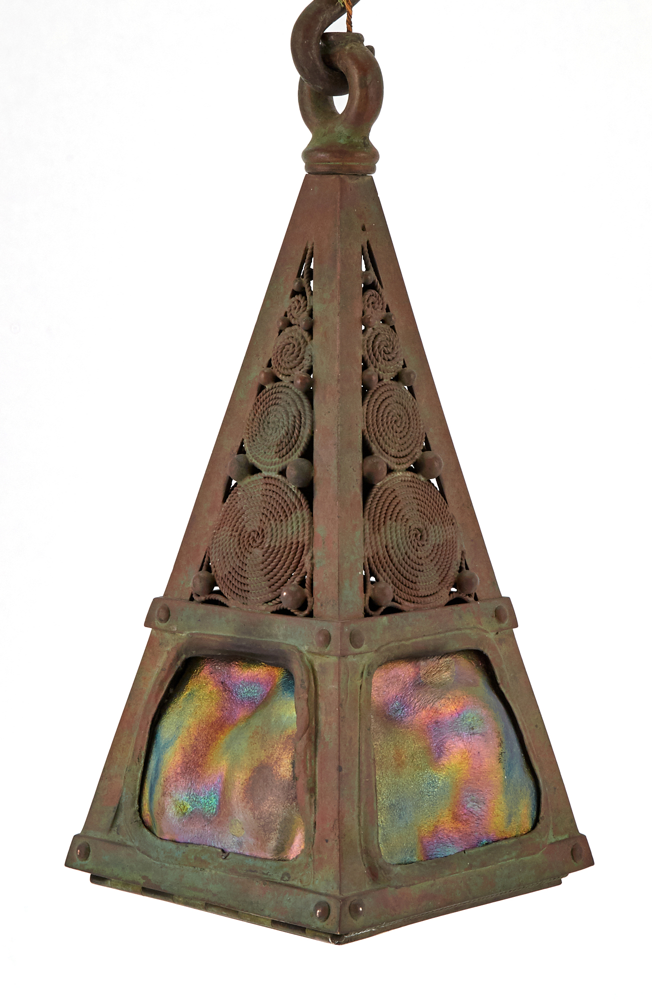 Lot image - Tiffany Studios Moorish Style Bronze and Favrile Glass Turtleback Hanging Lantern