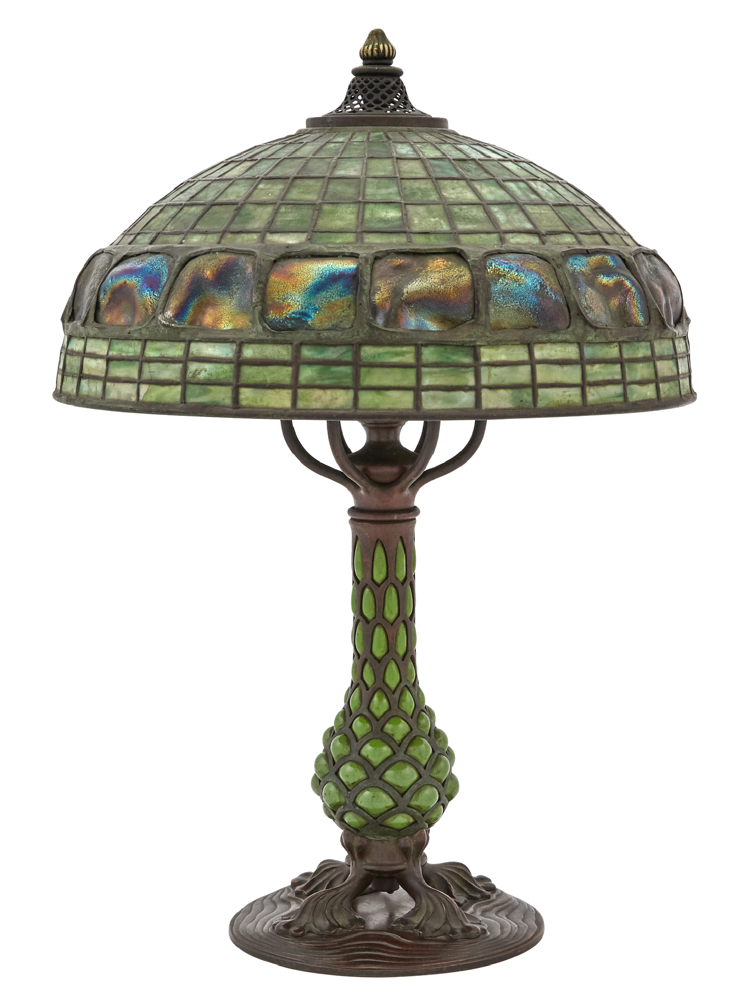 Lot image - Tiffany Studios Reticulated Bronze and Leaded Glass Turtleback Table Lamp
