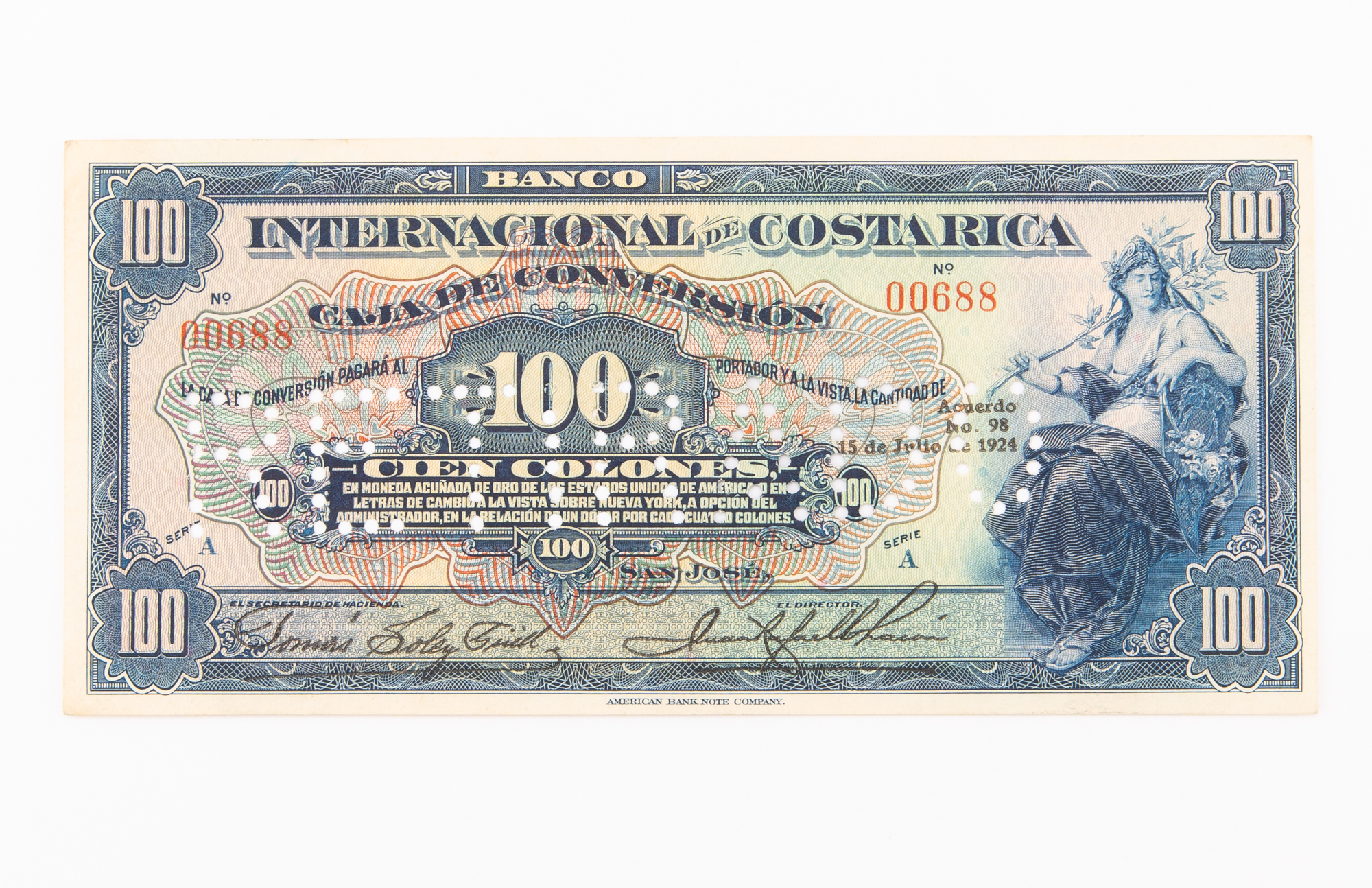 Lot image - Costa Rica, Banco Internacional ND (1924-27) Cien Colones Cancelled Note Pick# 189