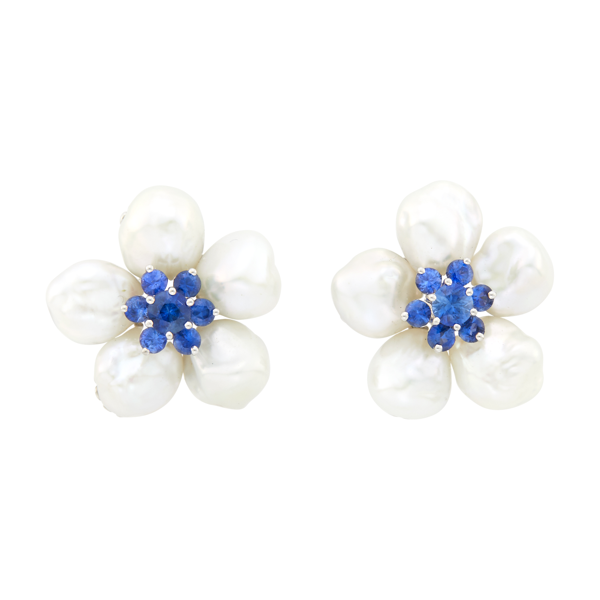 Lot image - Seaman Schepps Pair of White Gold, Baroque Cultured Pearl and Sapphire Flower Earrings