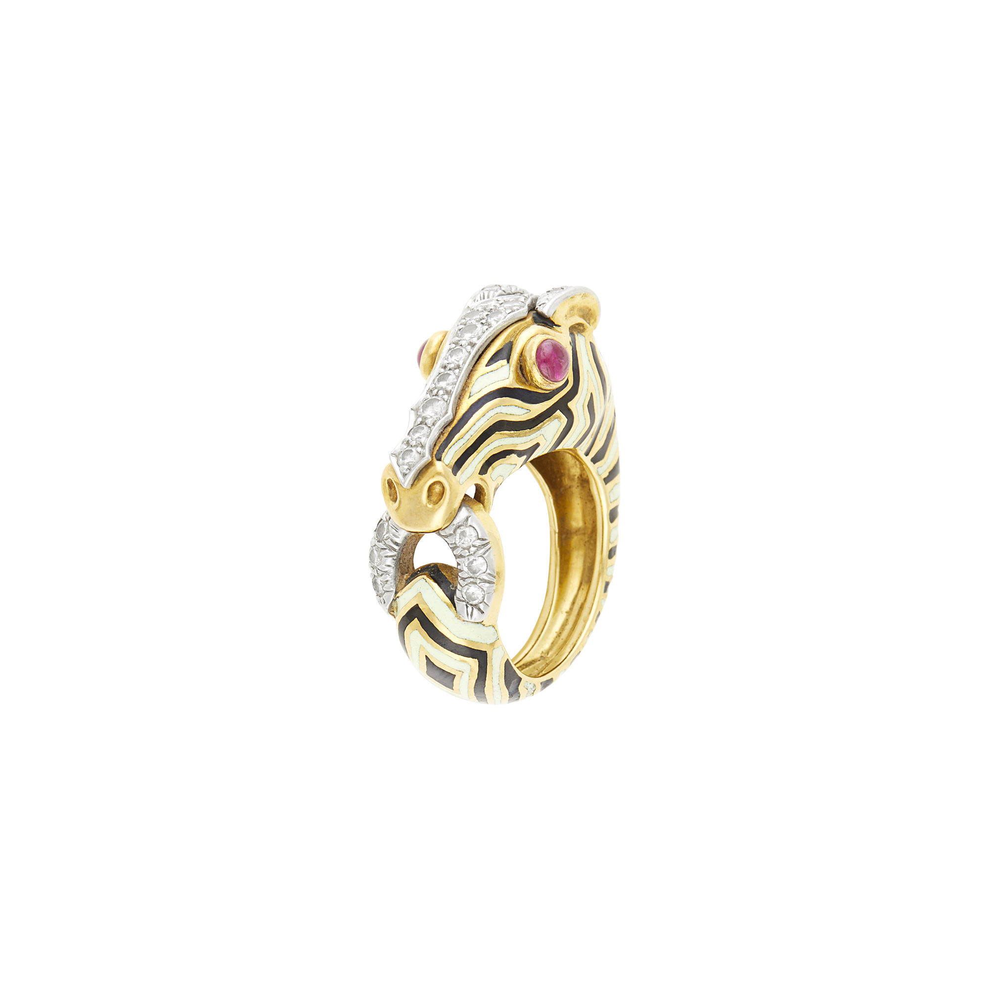 Lot image - David Webb Gold, Platinum, White and Black Enamel, Diamond and Cabochon Ruby Zebra Ring