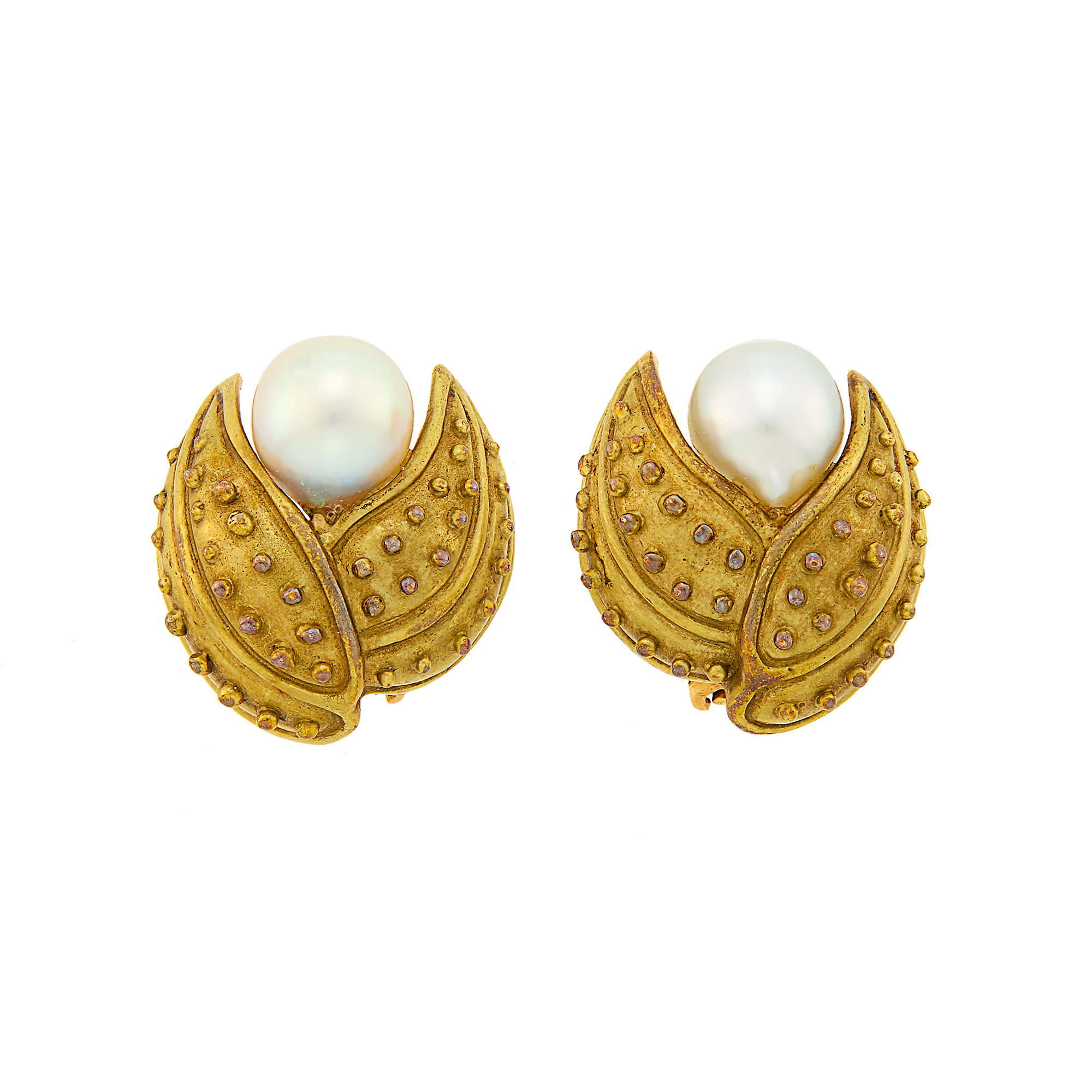 Lot image - Pair of Gold, Semi-Baroque Cultured Pearl and Diamond Earclips