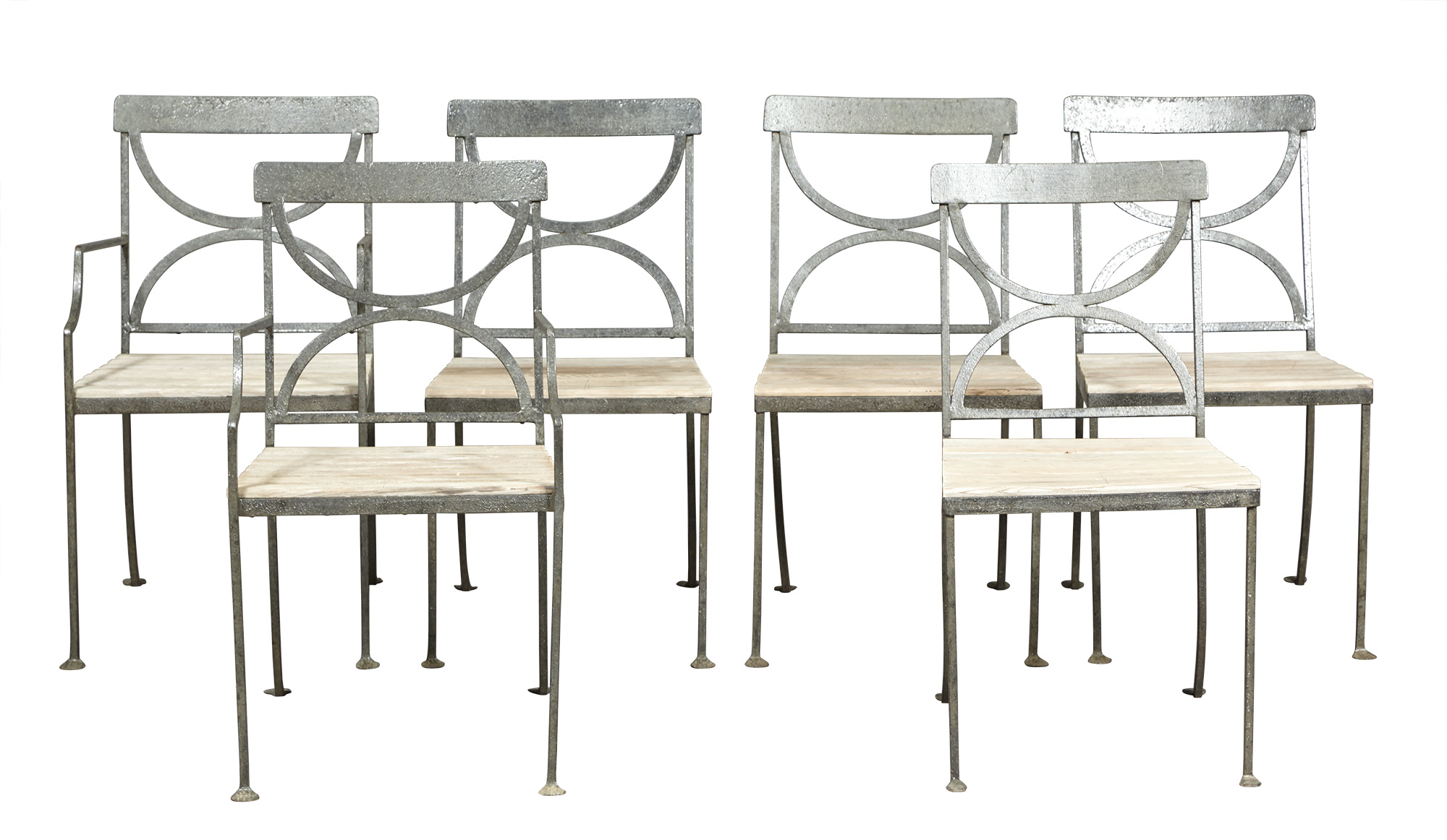 Lot image - Set of Six Wrought-Iron and Wood Garden Chairs