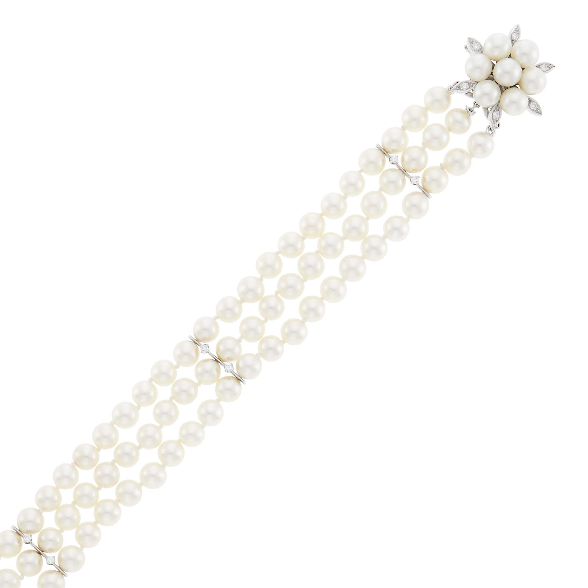 Lot image - Triple Strand White Gold, Cultured Pearl and Diamond Bracelet