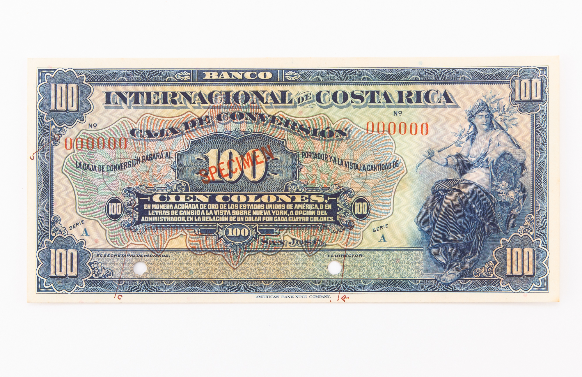Lot image - Costa Rica, Banco Internacional ND (1924-27) Cien Colones Specimen Note Pick# 189s