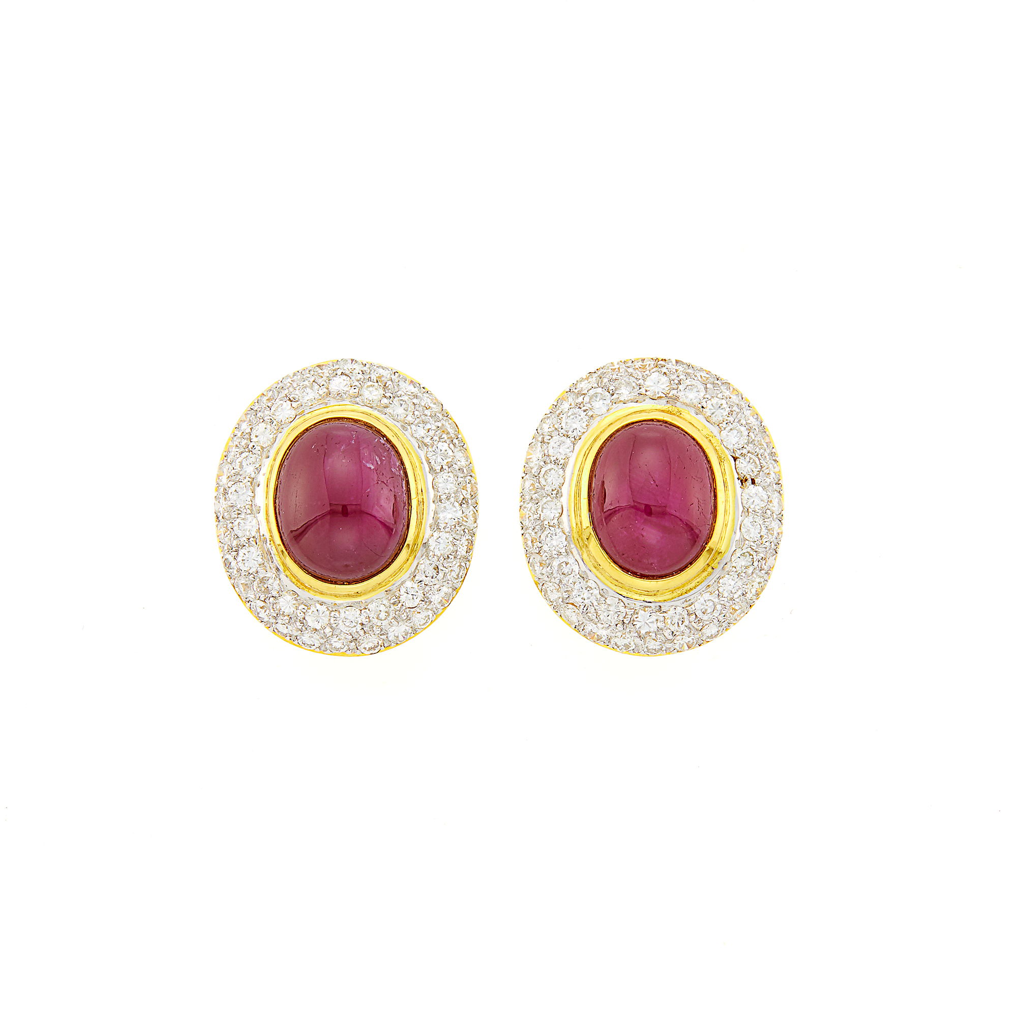 Lot image - Pair of Gold, Cabochon Ruby and Diamond Earclips