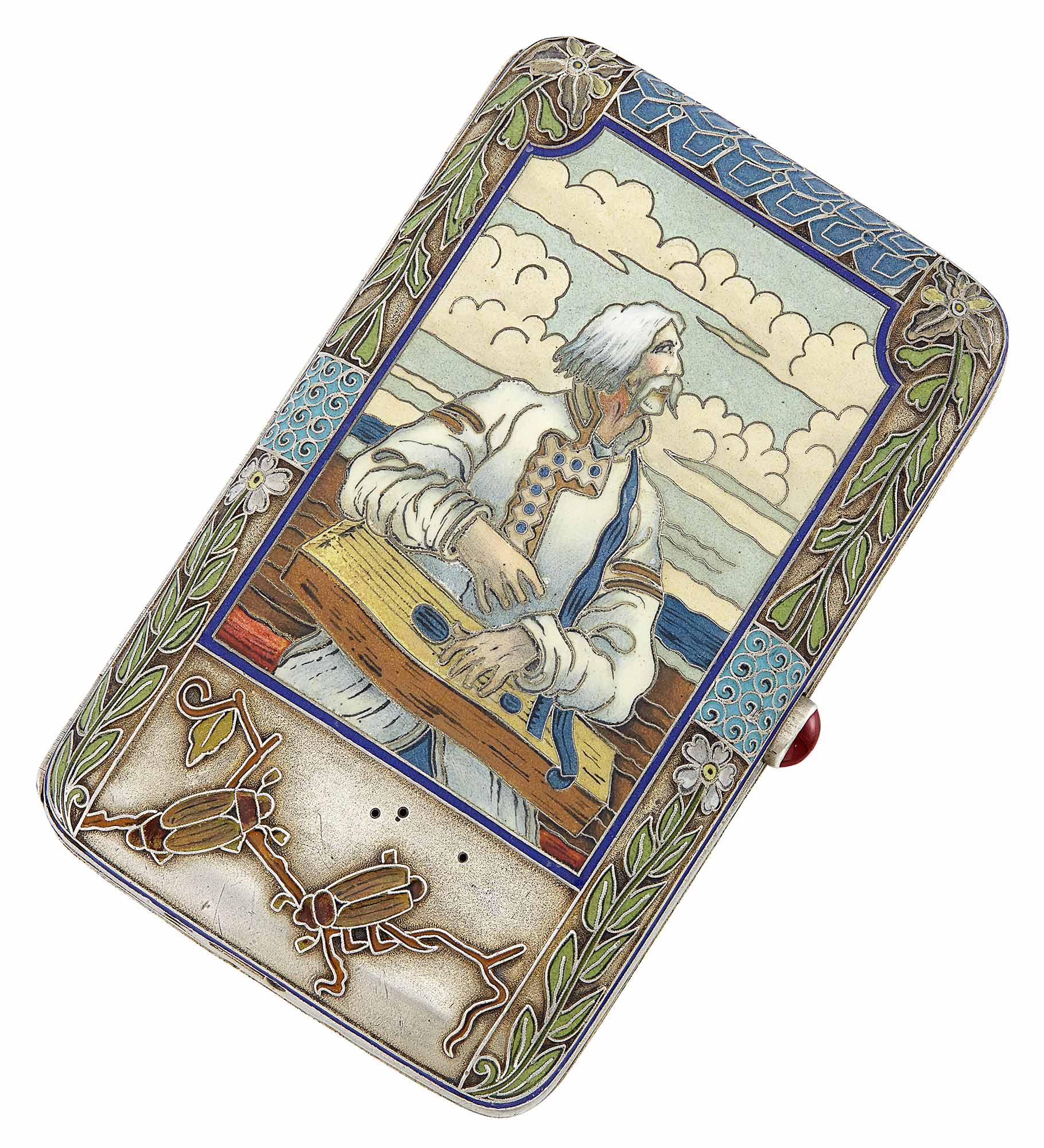 Lot image - Russian Silver-Gilt, Cloisonné and Pictorial Enamel Cigarette Case