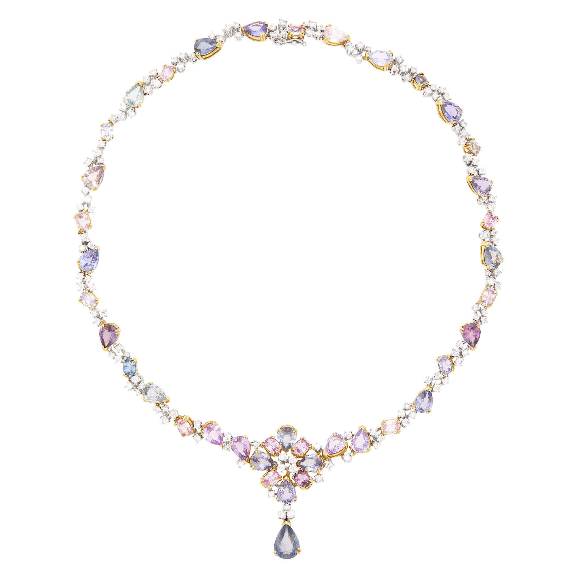 Lot image - Two-Color Gold, Multicolored Sapphire and Diamond Pendant-Necklace