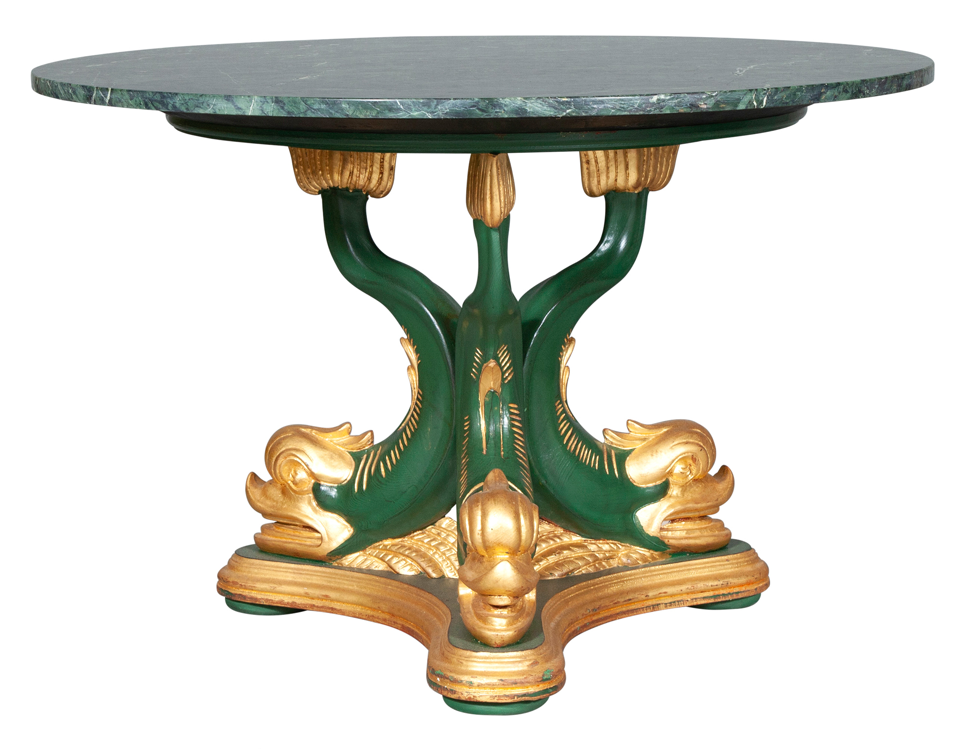 Lot image - Green Painted and Parcel-Gilt Dolphin-Support Center Table