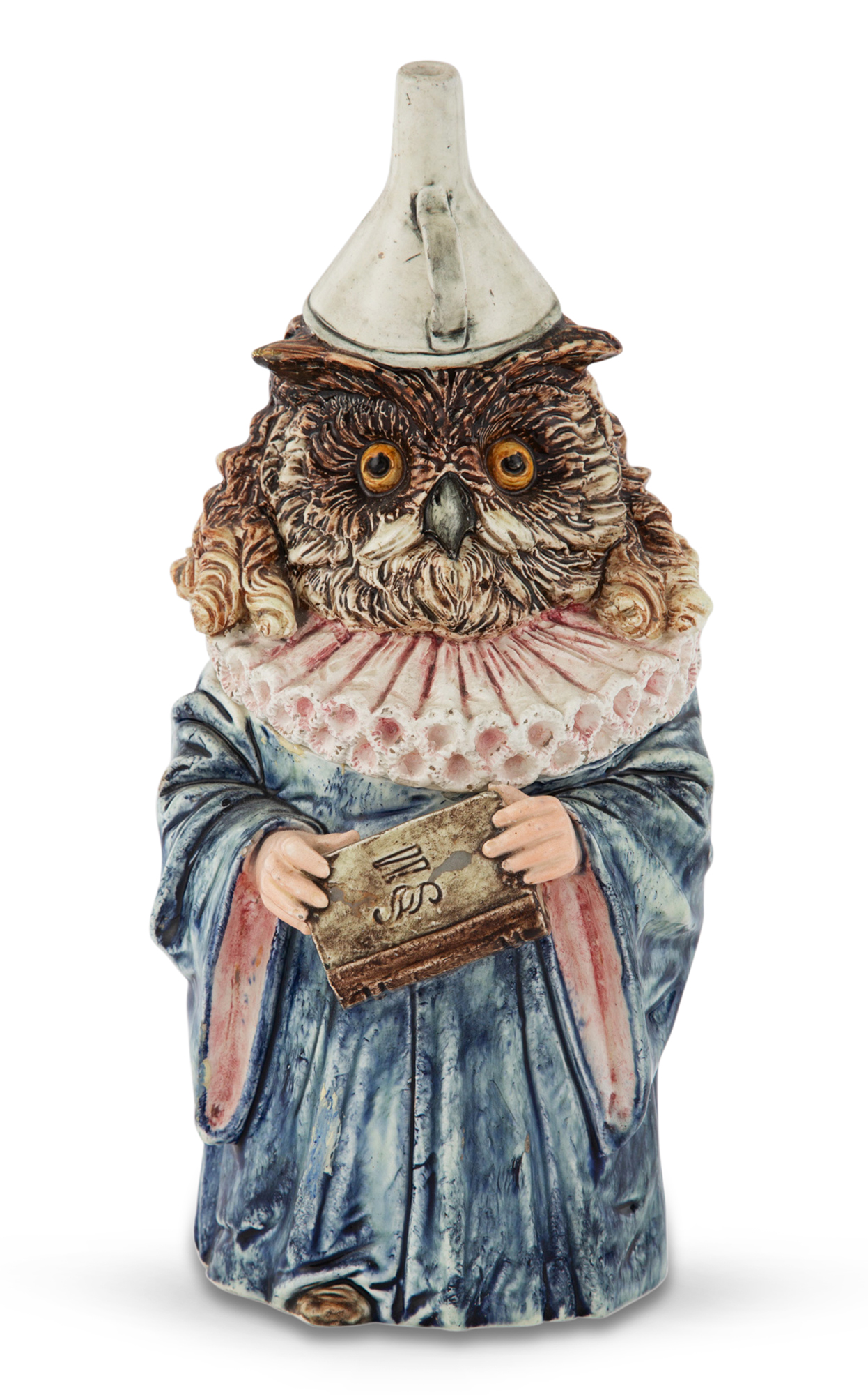 Lot image - Continental Majolica Wizard Owl Jar and Cover
