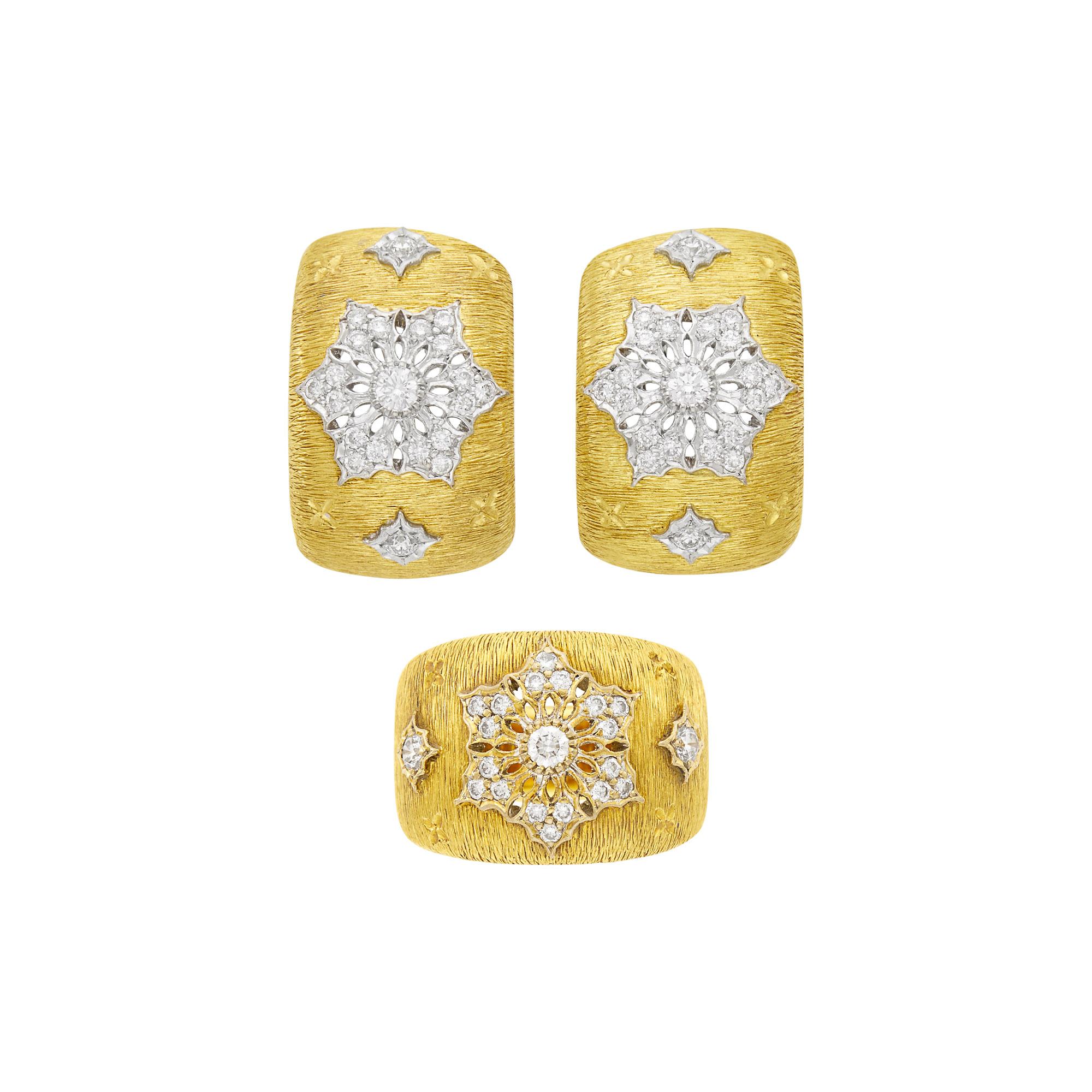 Lot image - Pair of Two-Color Gold and Diamond Half-Hoop Earrings and Ring