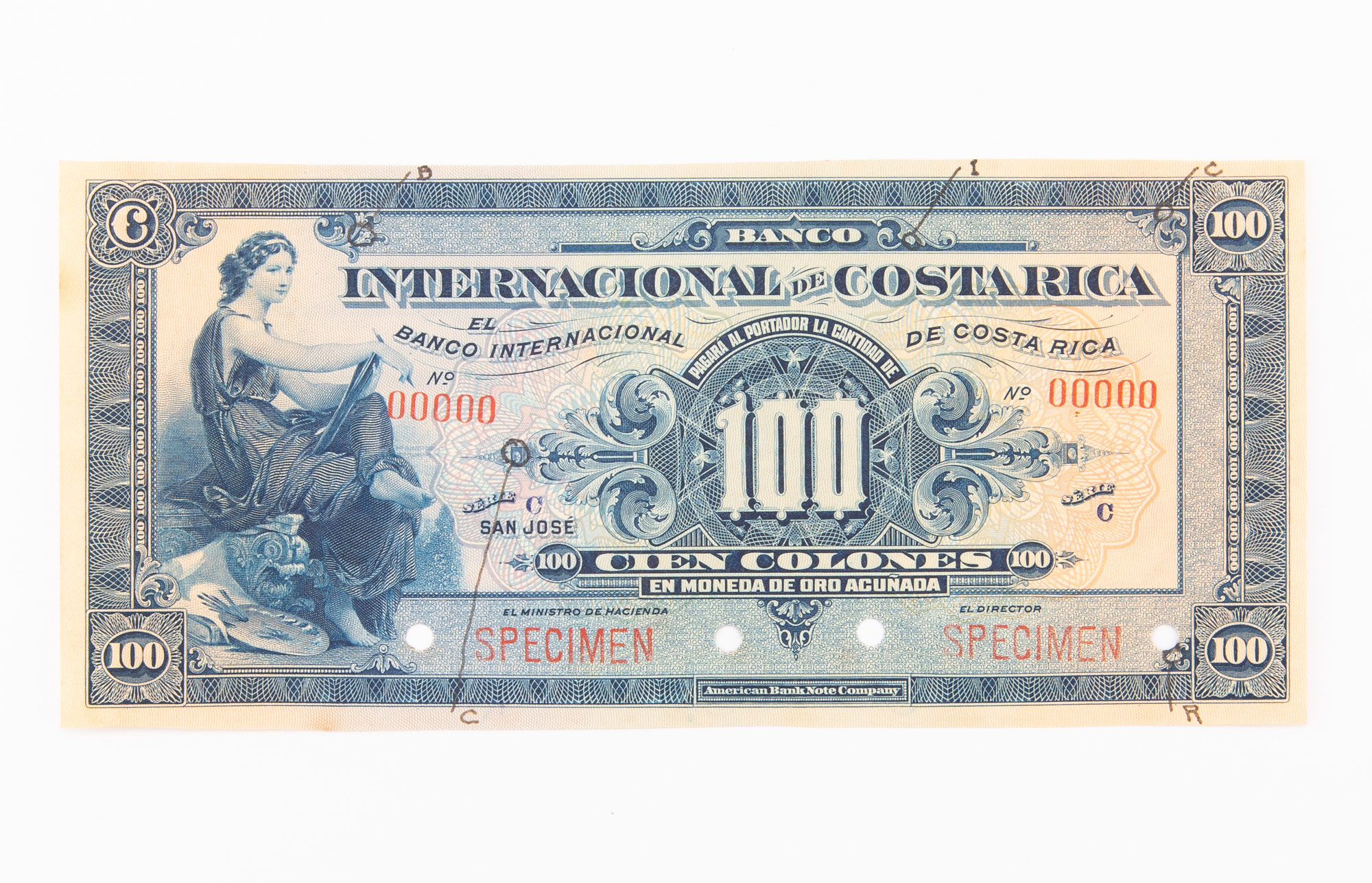Lot image - Costa Rica, Banco Internacional Series C ND (1919-32) Cien Colones Specimen Note Pick# 178 S