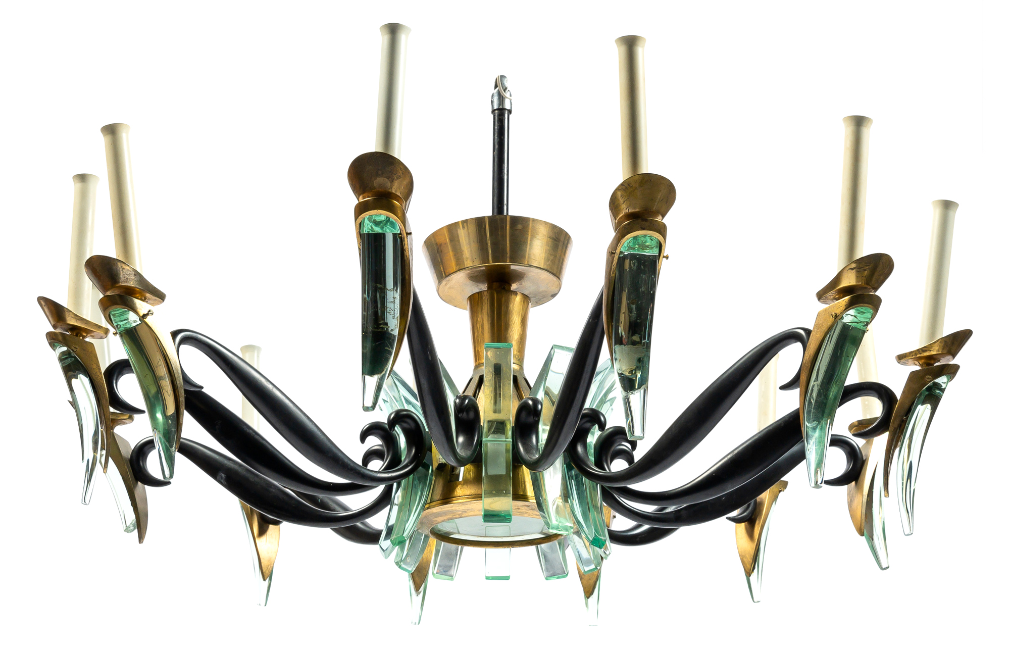 Lot image - Max Ingrand for Fontana Arte Glass, Painted Steel and Brass Twelve-Light Chandelier