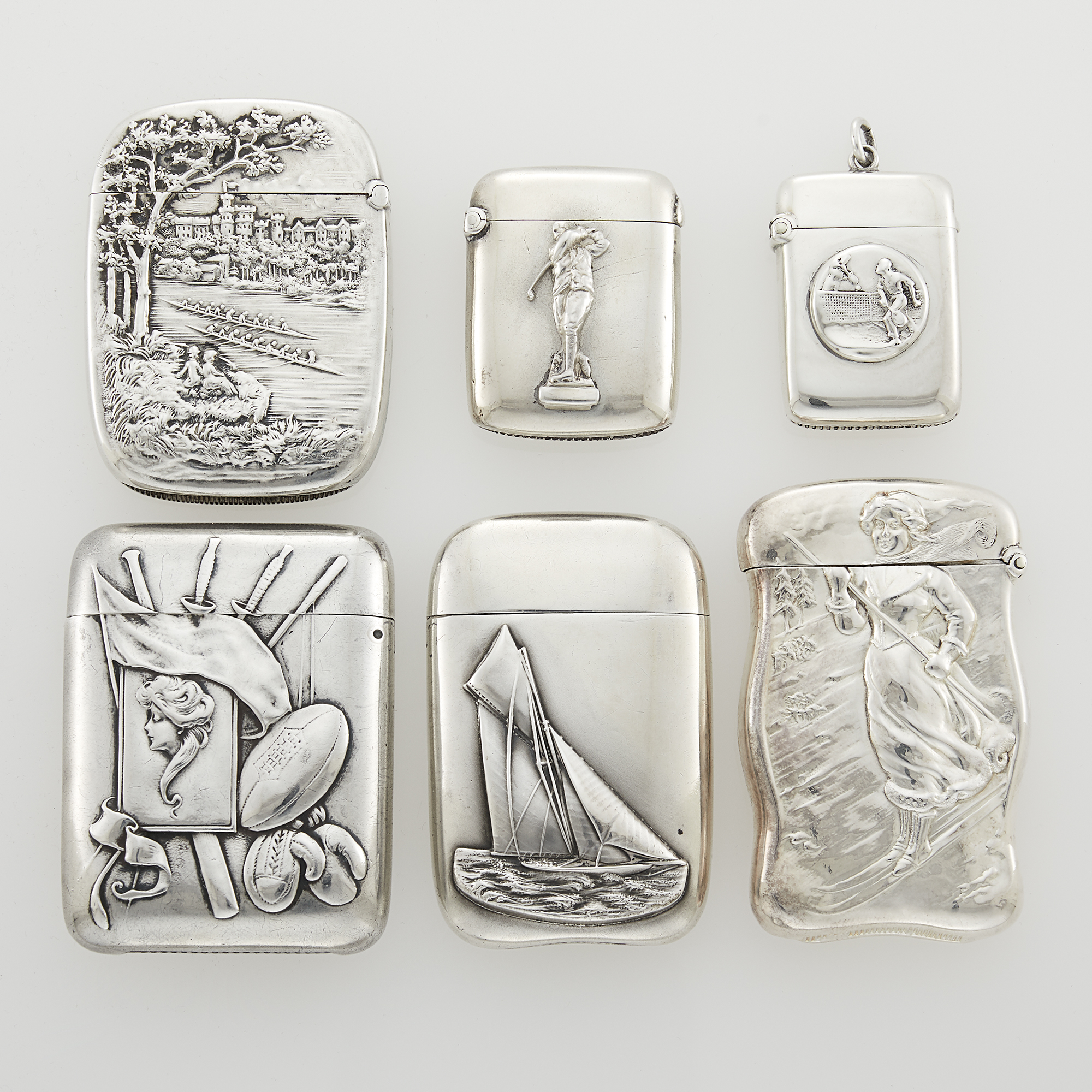 Lot image - Six Sterling Silver Sporting Interest Vesta/ Matchsafes